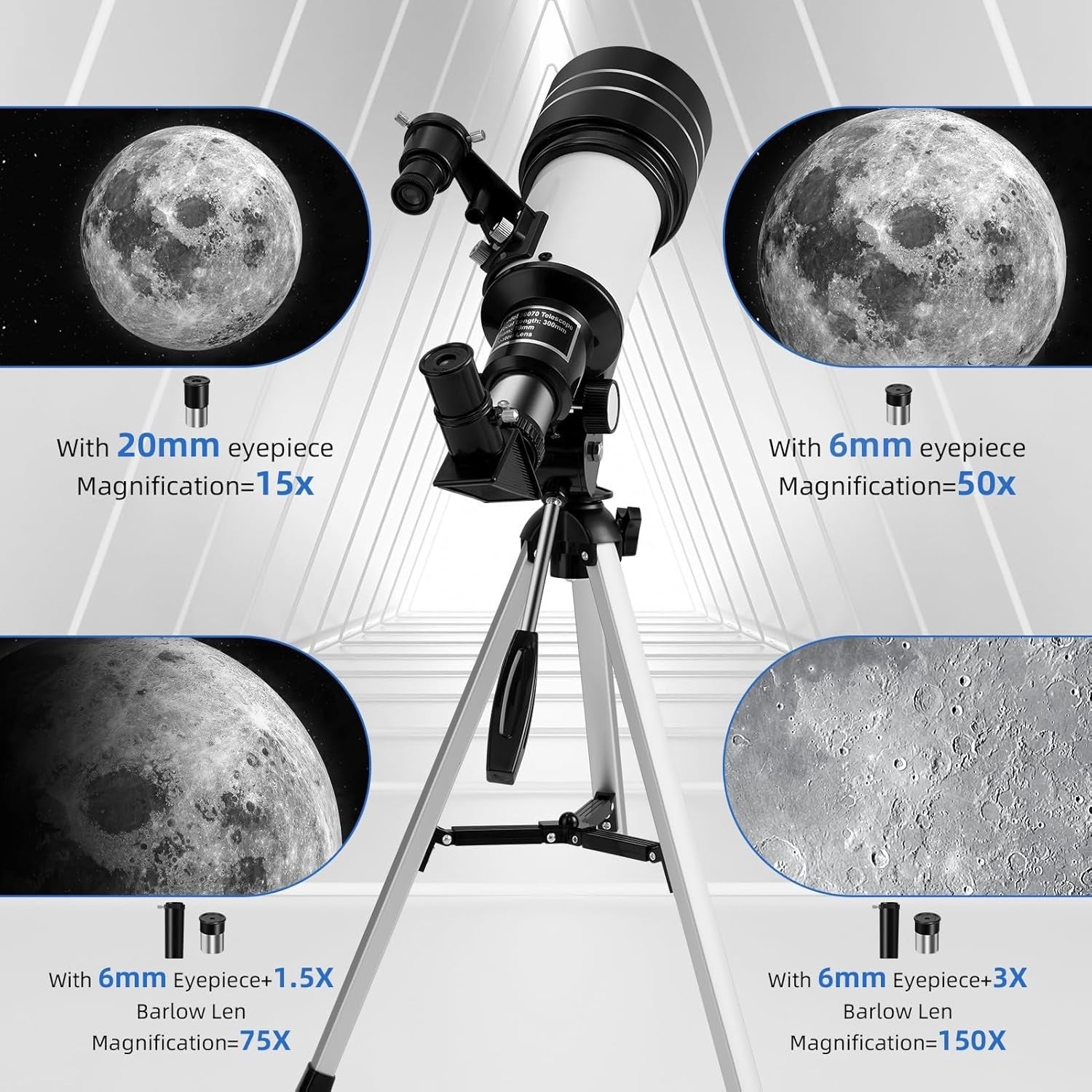 70mm Refractor Telescope for Adults and Kids, 15X to 150X with Tripod and Adapte