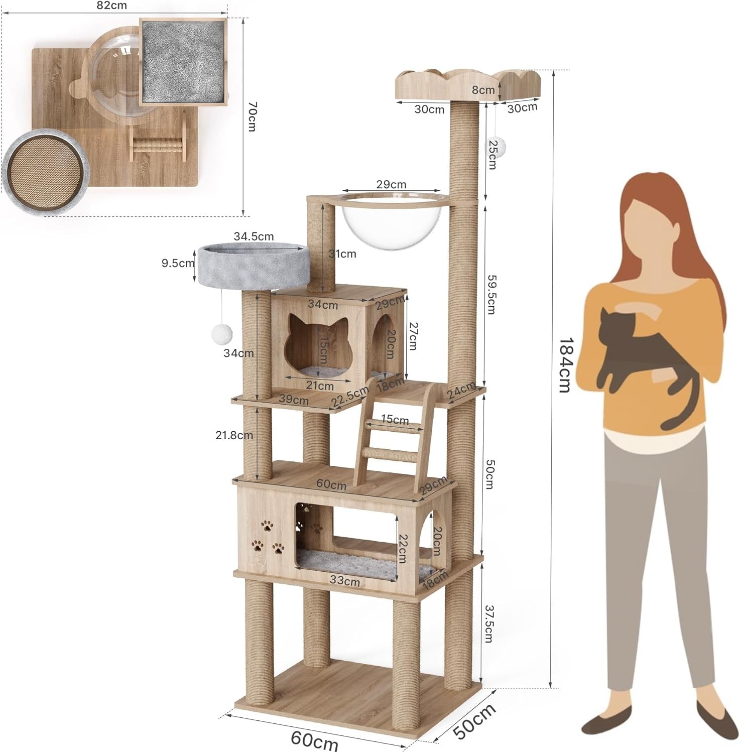 Large Cat Tree Tower 184cm Multi Level Wooden Condo Capsule Scratching Posts