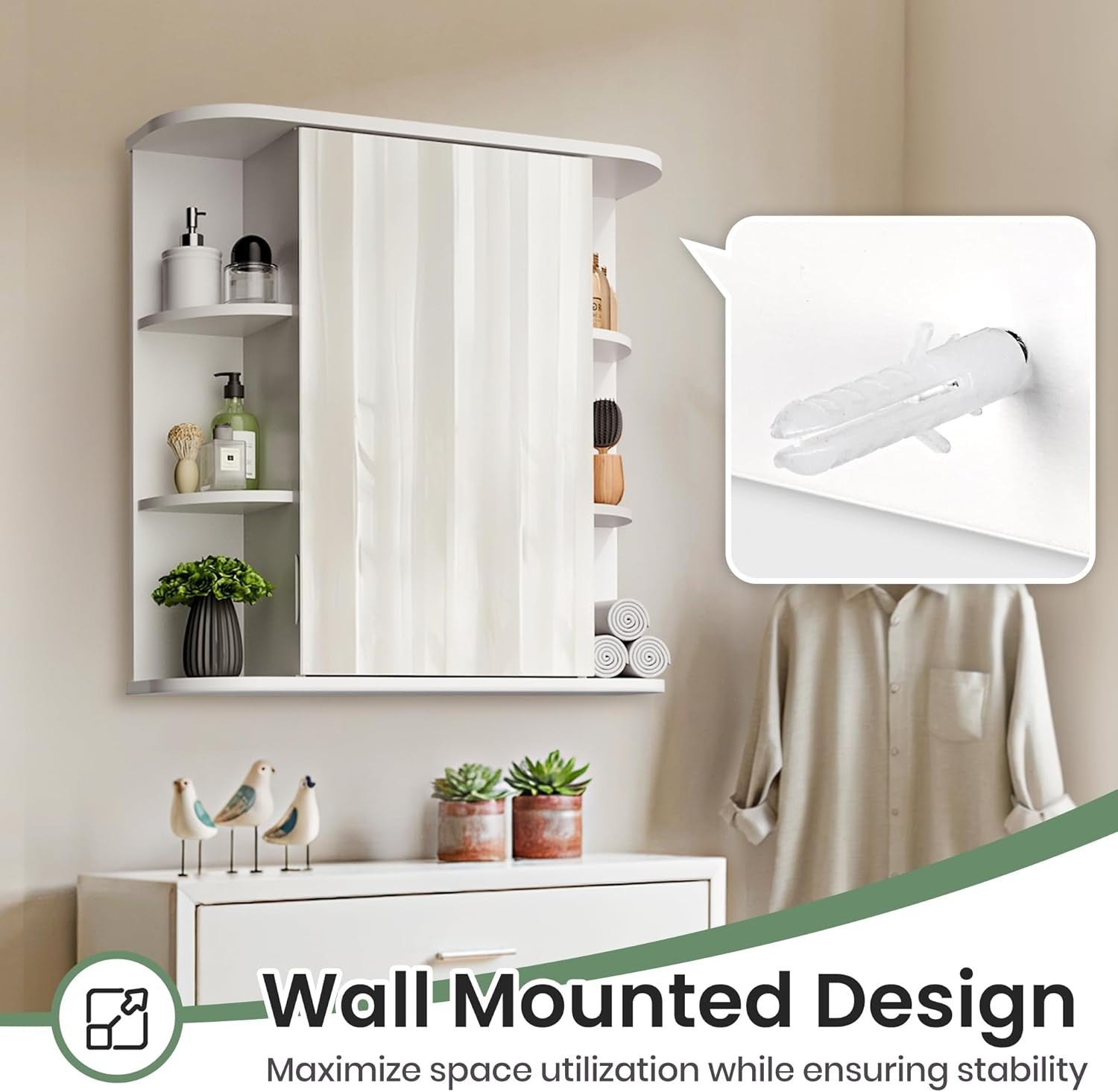 Wall-Mounted Bathroom Mirror Cabinet with Large HD Mirror & Adjustable Shelves