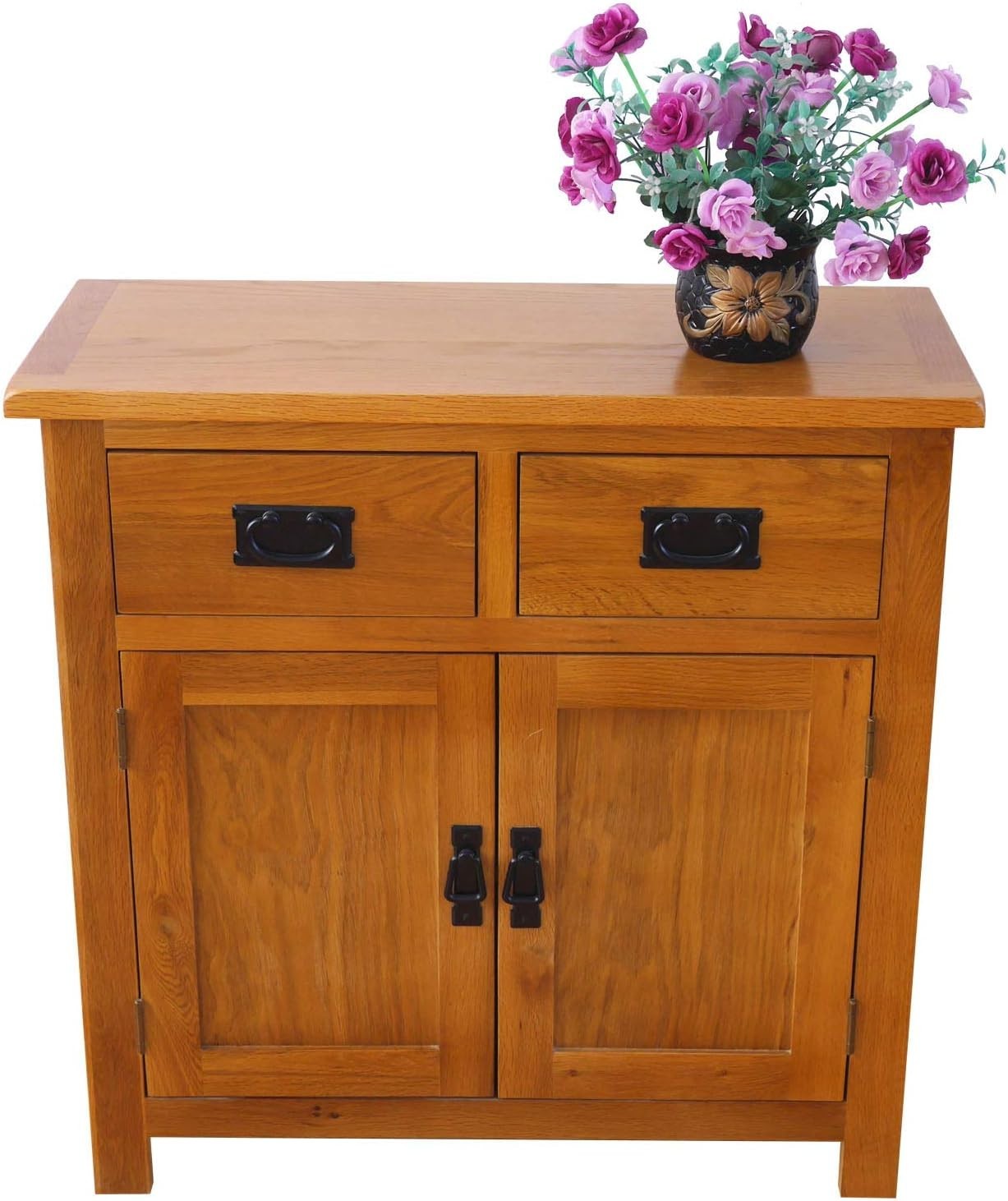 Rustic Oak Sideboard with 2 Drawers & 2 Doors – Solid Wood Mini Cabinet 75cm