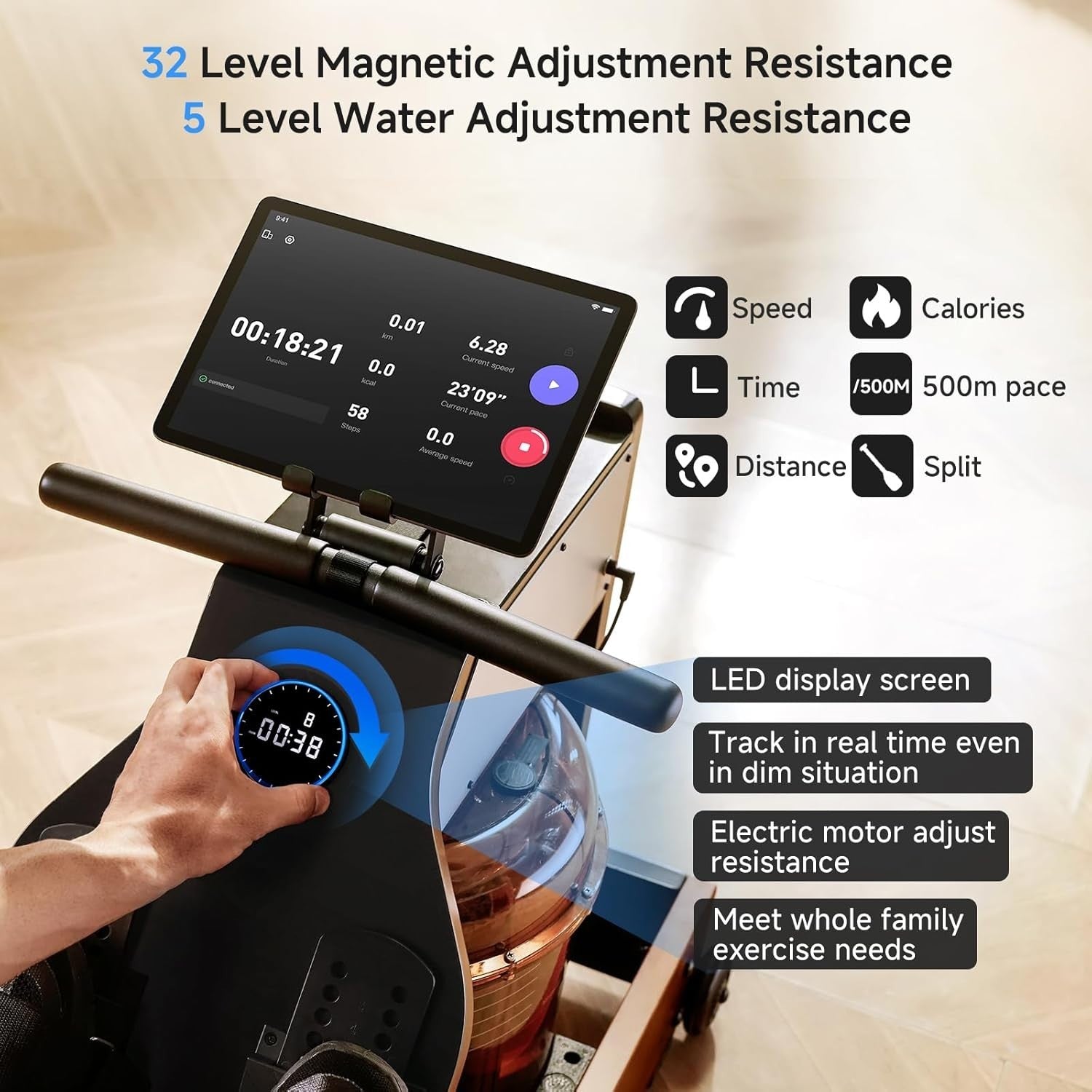 Triple-Fold Water & Magnetic Rowing Machine 32-Level Resistance App Rower 150KG