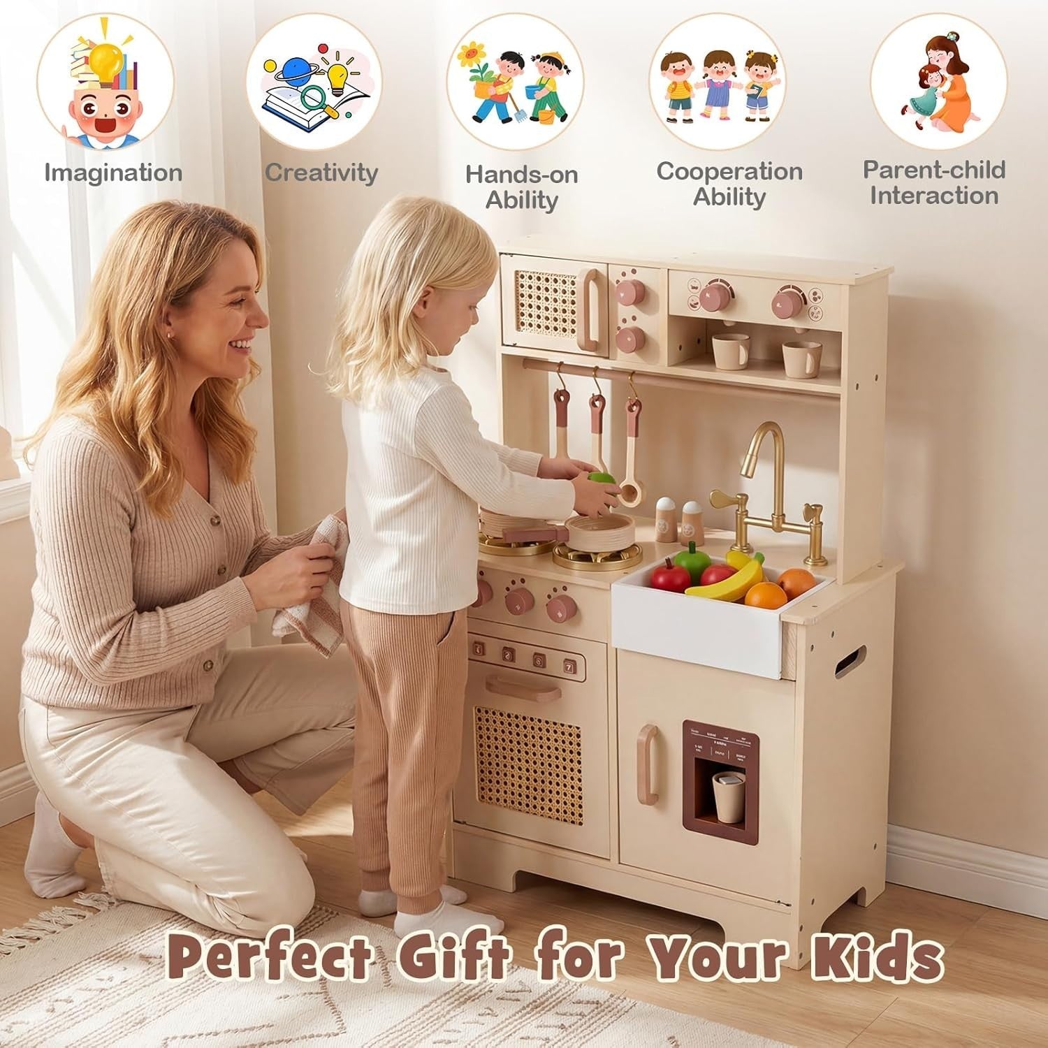 Kids Wooden Play Kitchen w/ Lights Sounds Ice Maker Yellow