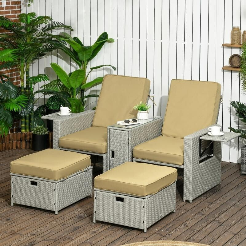 5PC Rattan Recliner Sun Lounger Set with Footstools Table Cushions Beige