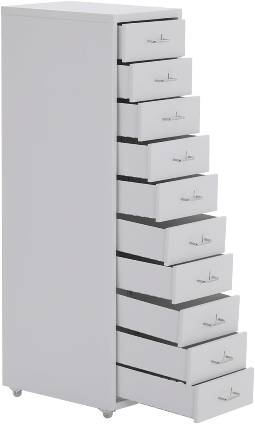 Silver White Mobile Filing Cabinet 8 Drawer 109cm Rolling Office
