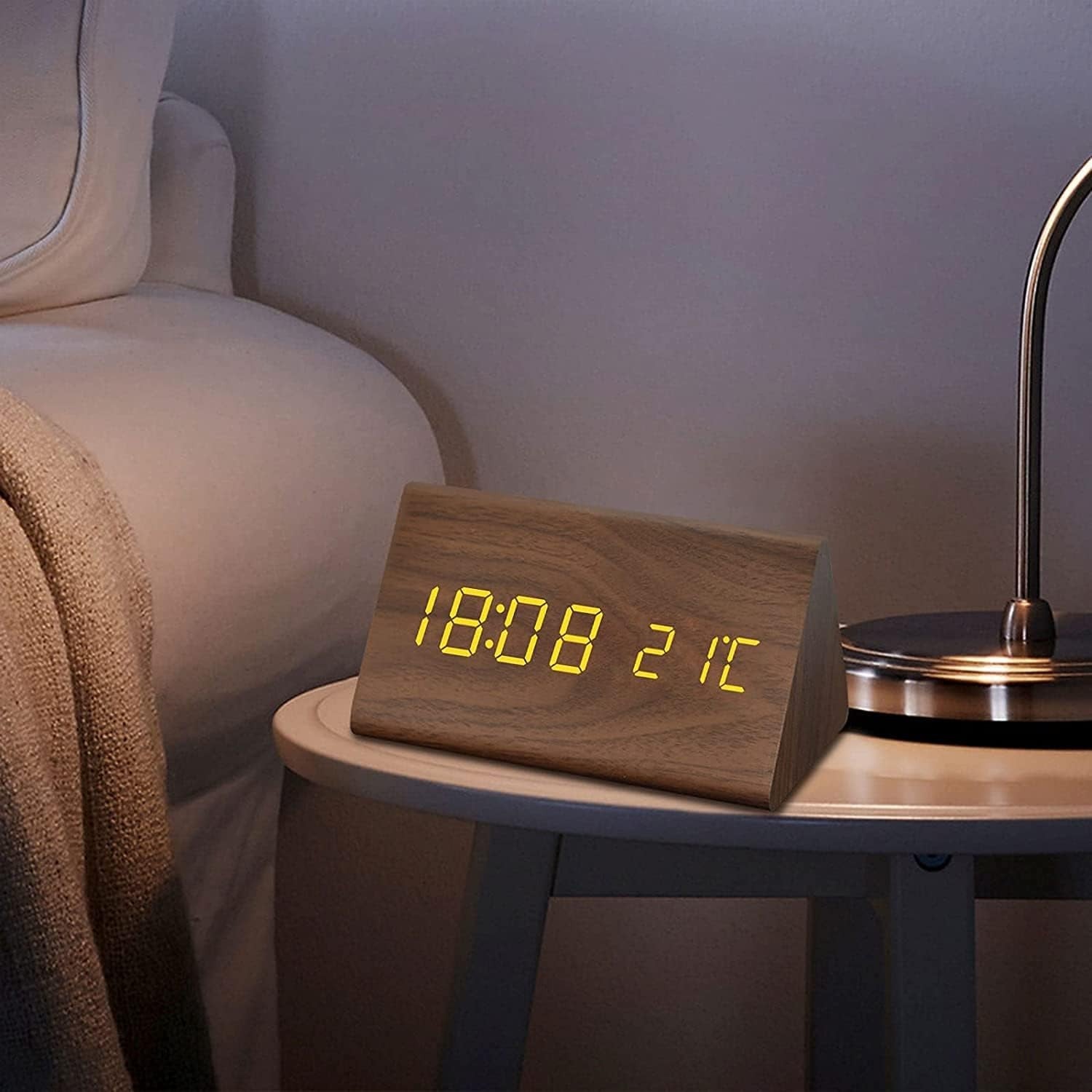 Wooden LED Digital Alarm Clock Silent Bedside Snooze Temperature Display