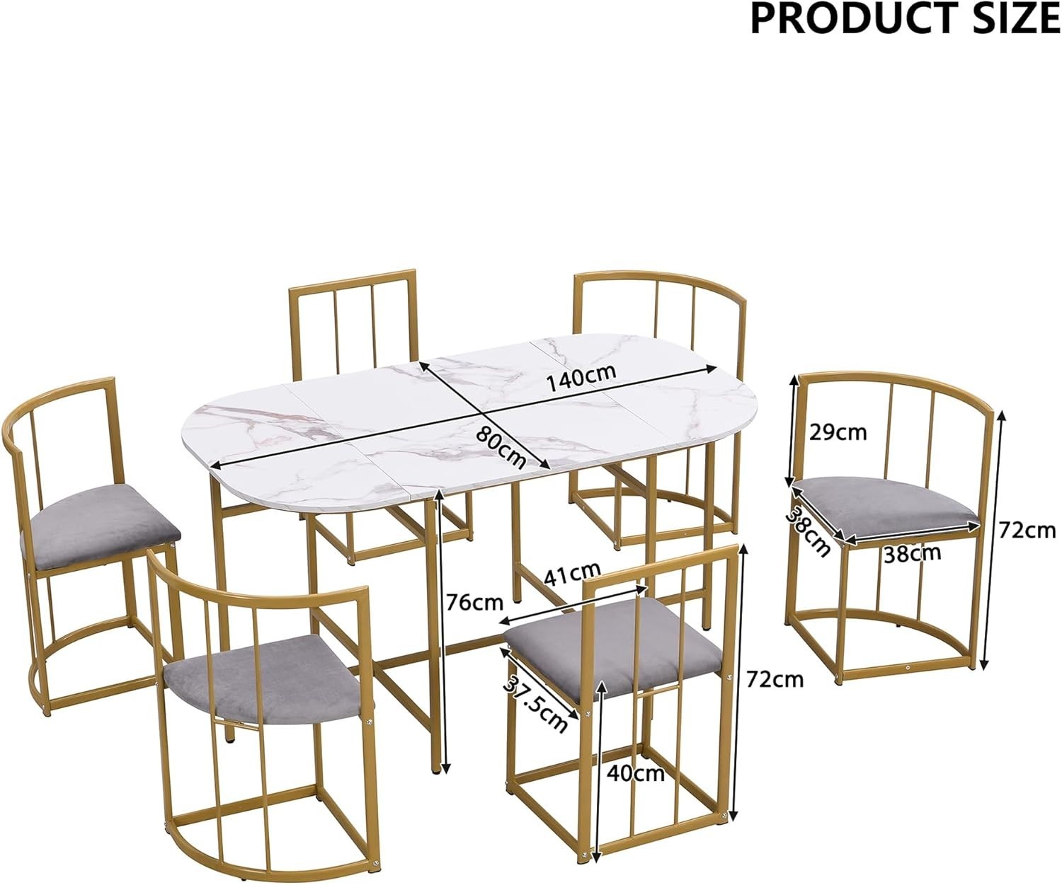 Modern Gold Dining Table & Chairs Set with Storage | 6-Seater, Cushioned Seats