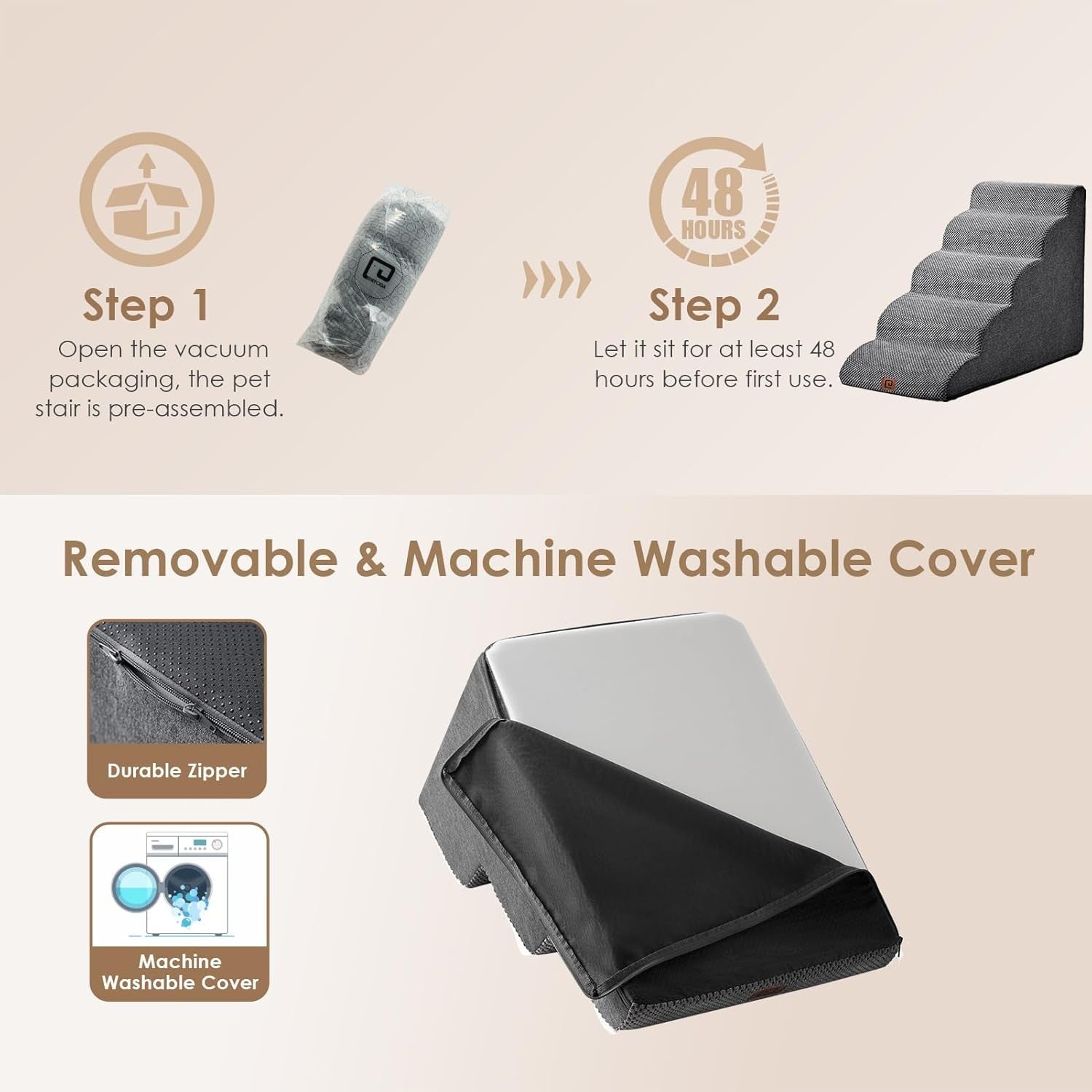 2 Step Dog Stairs for Sofa Non Slip Foam Pet Steps Washable Grey