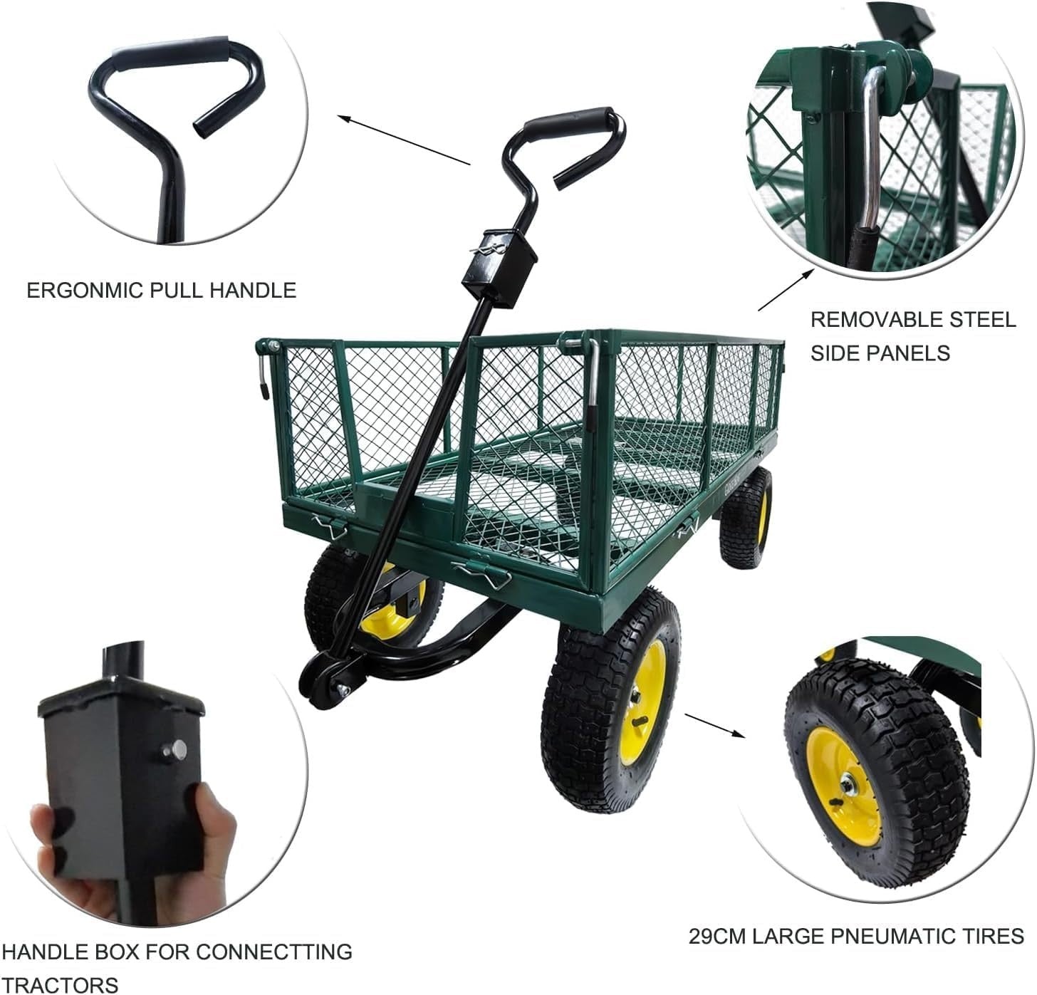 75L Lightweight Garden Dump Cart Wagon with 180° Handle & Pneumatic Wheels Green