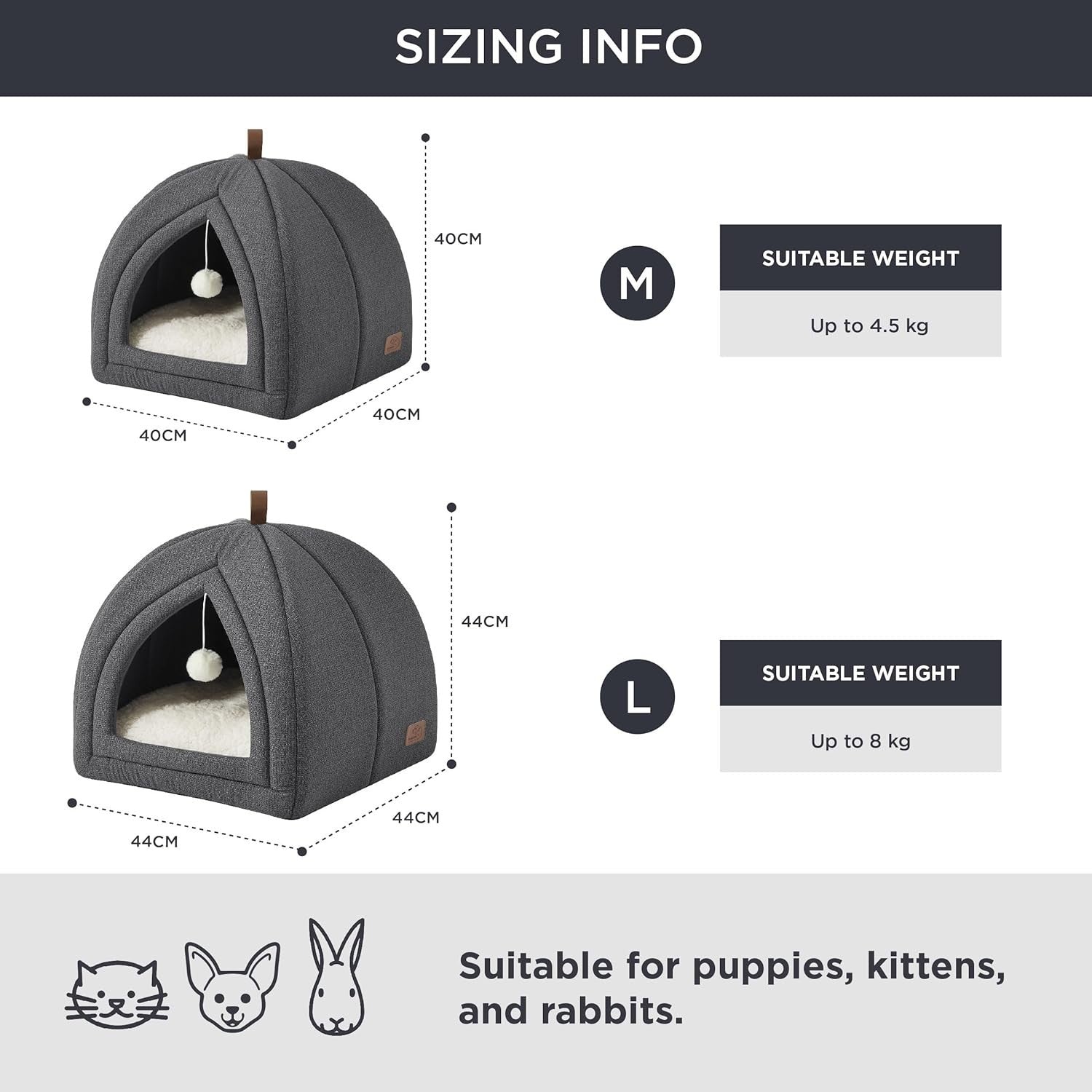 Large Cat Cave Bed 44cm Igloo Tent Washable Cushion Grey