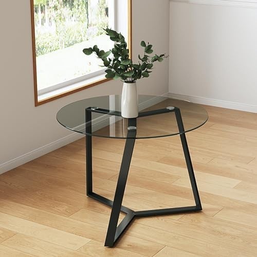 100cm Round Glass Dining Table with Black Metal Legs Modern Kitchen Table