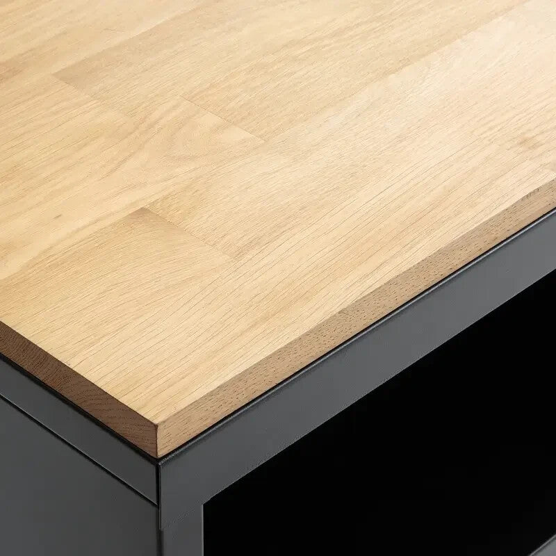 Industrial Black Metal Sideboard 2-Door Oak Top Storage Cabinet 100 cm