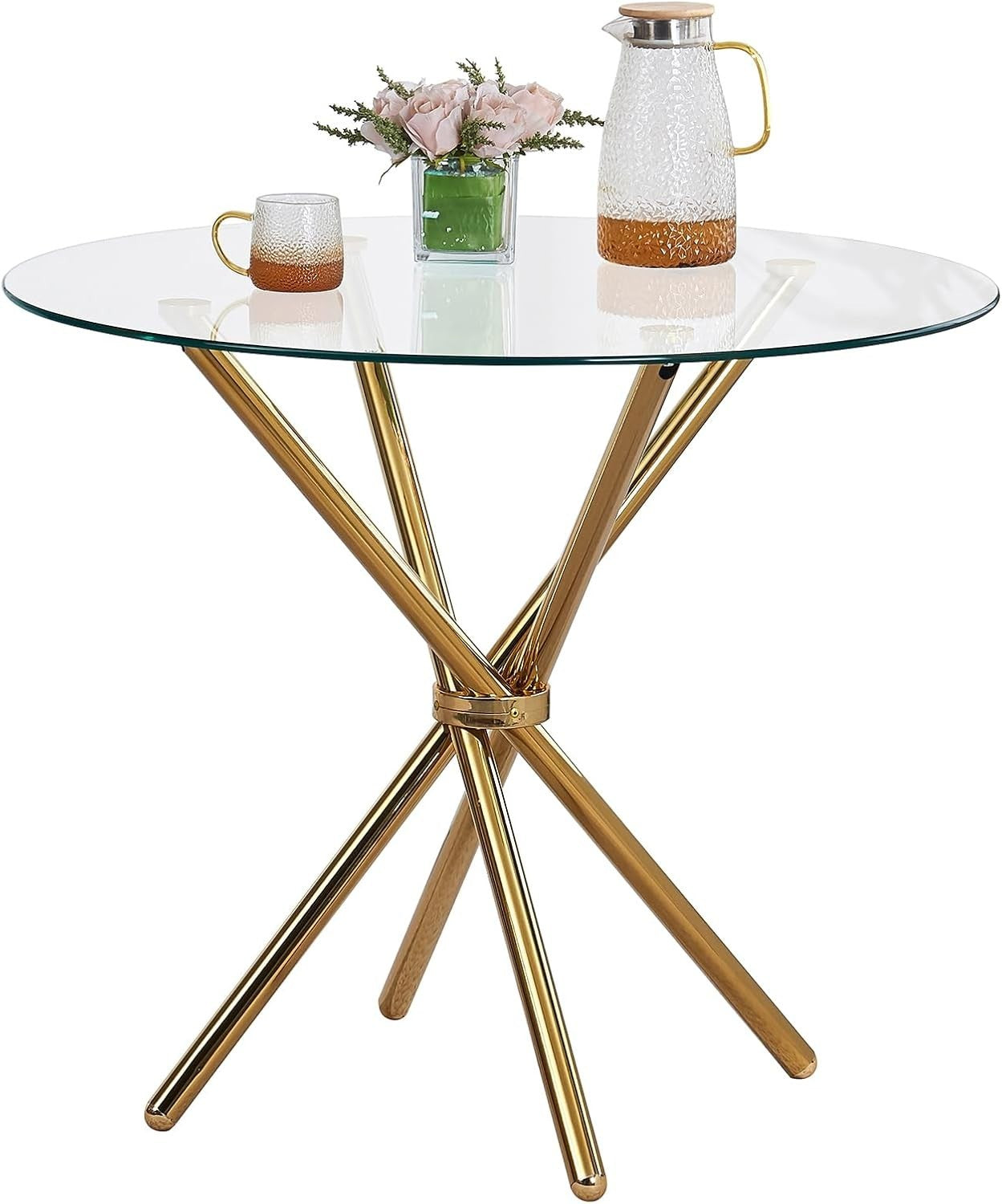 Round Glass Dining Table Set with 4 Chairs | Gold Legs | Compact & Stylish