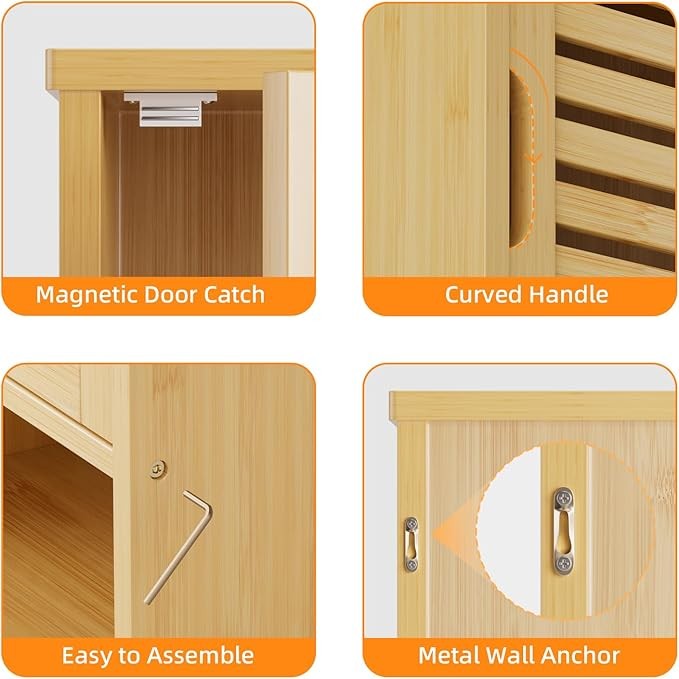 Wall Mounted Bathroom Cabinet Natural Bamboo Cupboard Adjustable Shelf Storage