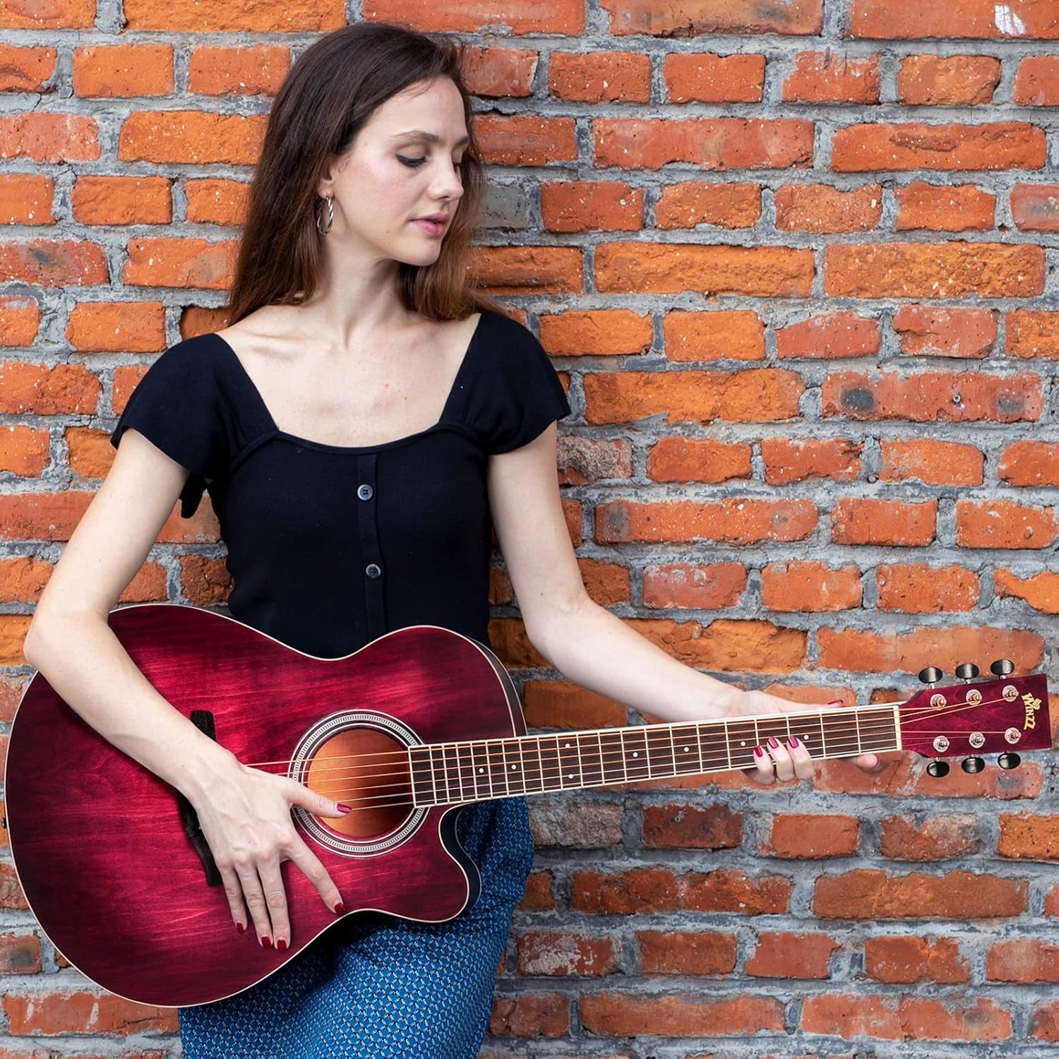 40" Acoustic Guitar Starter Kit Red Cutaway Steel String w/ Stand