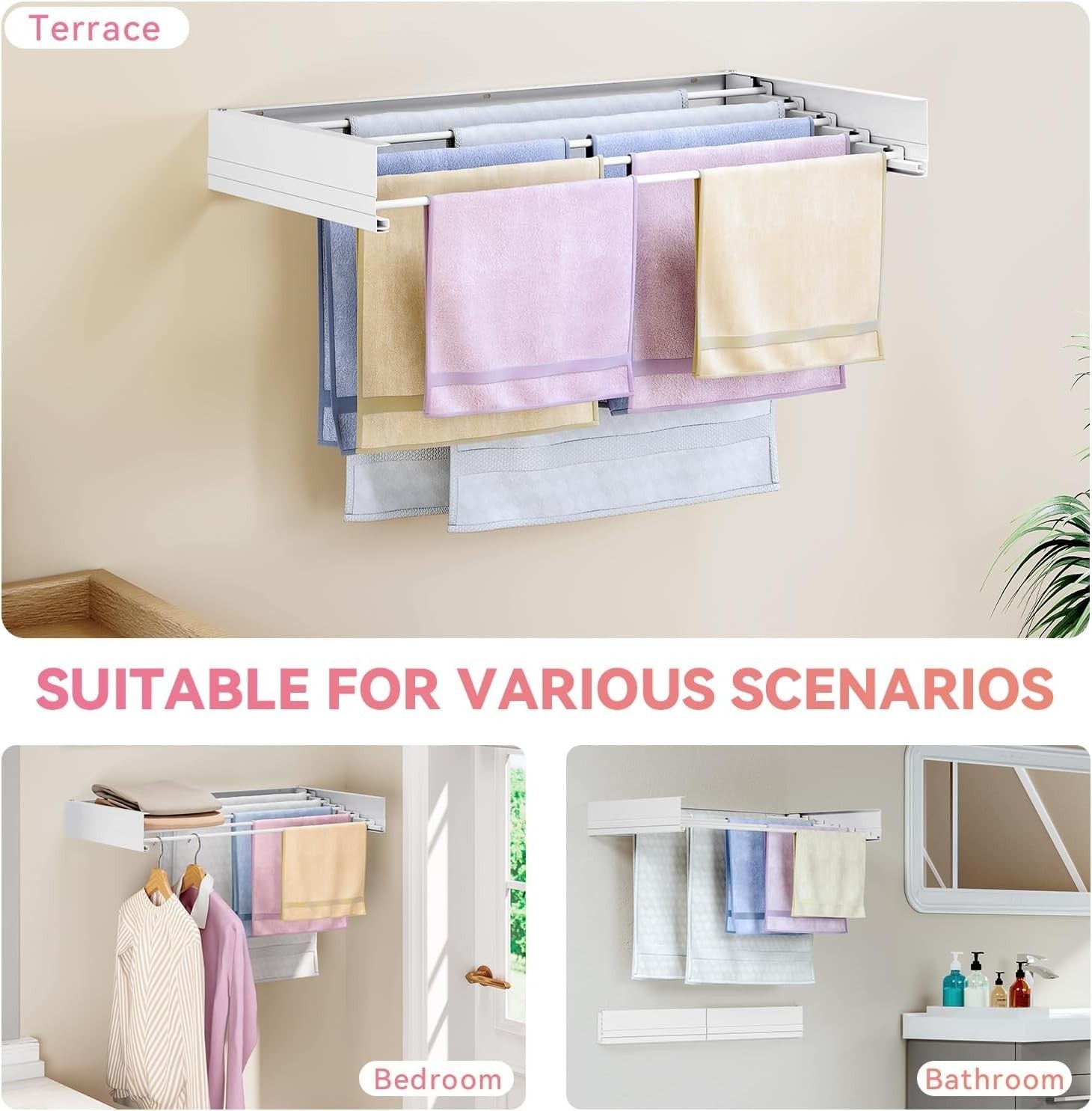 80cm Wall Mounted Retractable Clothes Drying Rack Foldable Airer White