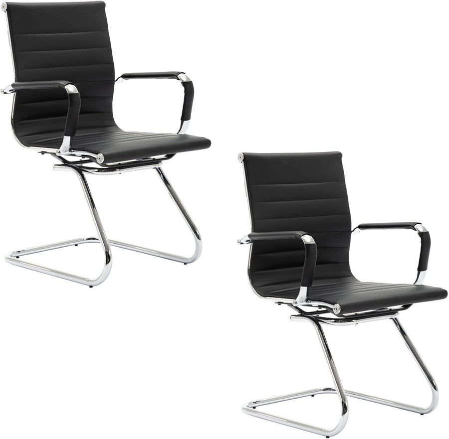 PU Leather Office Chair Set of 2 Metal Frame Conference Guest Black