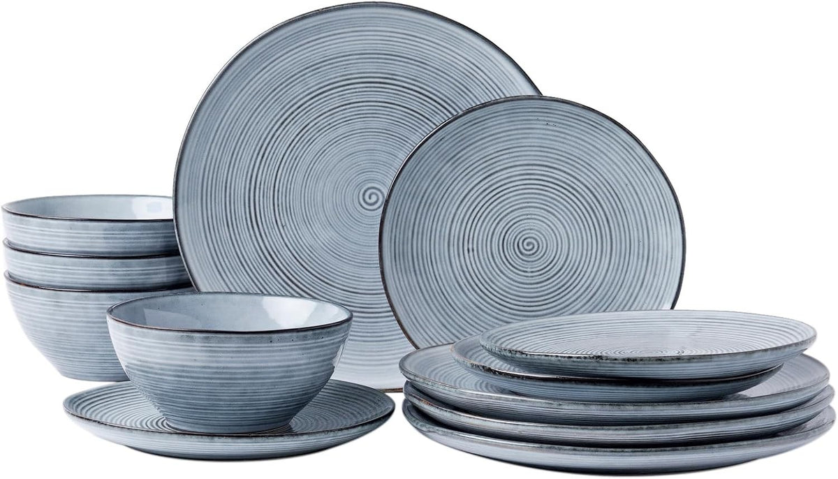 12pc Stoneware Dinnerware Set Plates Bowls Blue Swirl for 4
