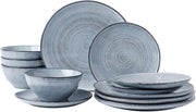 12pc Stoneware Dinnerware Set Plates Bowls Blue Swirl for 4