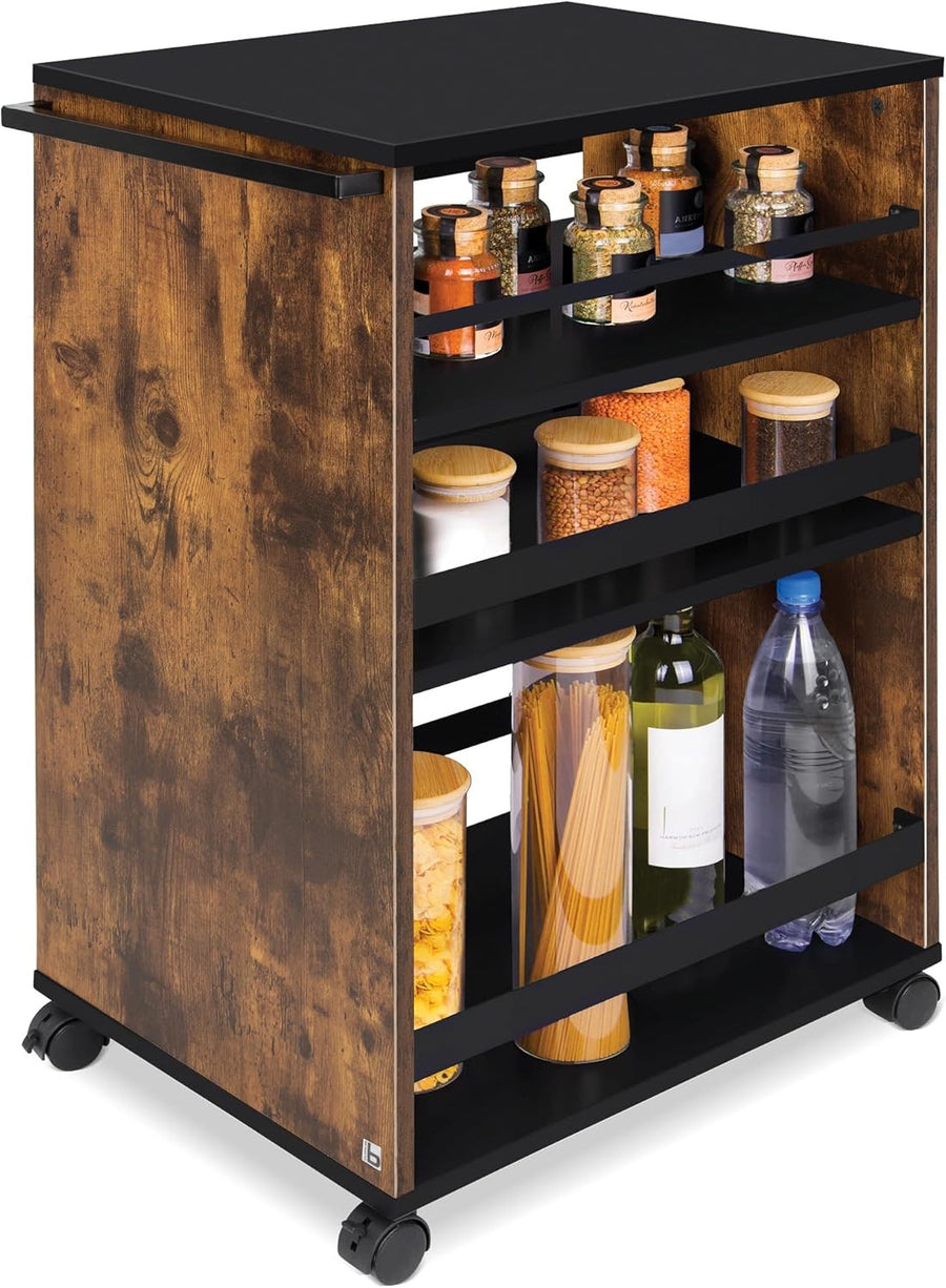 Kitchen Cart Trolley on Wheels 3 Tier Adjustable Shelves Wooden