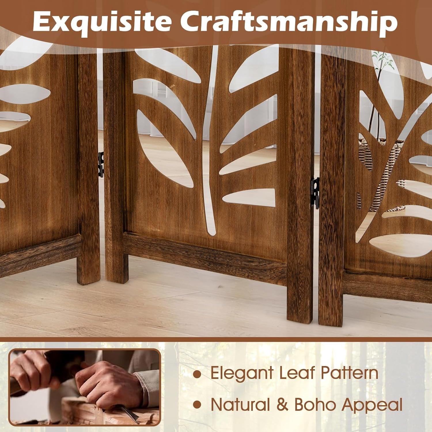 4 Panel Brown Carved Wood Room Divider Leaf Design Privacy Screen 170cm High