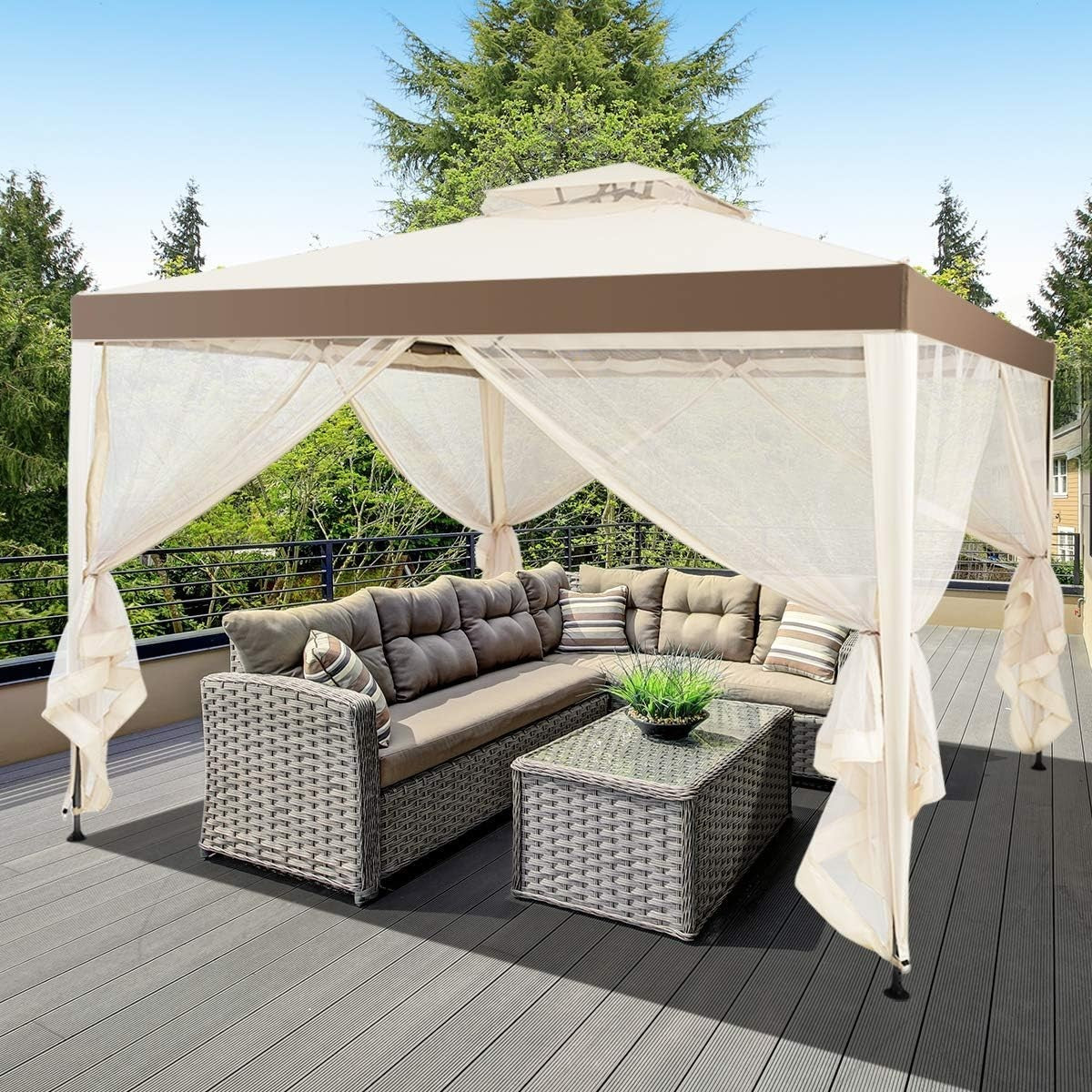 3x3M Beige Outdoor Gazebo With Zipped Mesh Sidewalls Double Roof Patio Tent