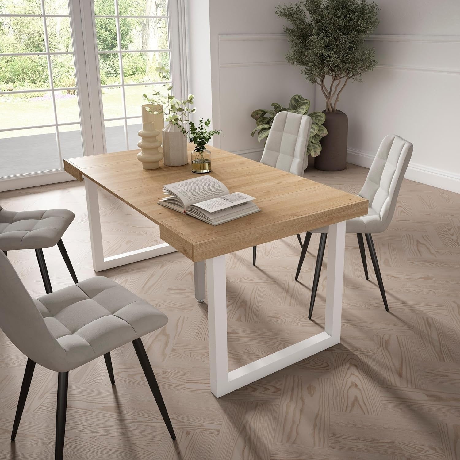 Extendable Folding Dining Table for 8, Oak Wood, Solid Legs, Modern