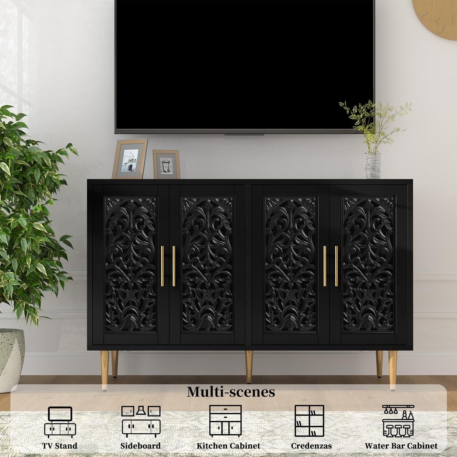 Vintage Black Sideboard Cabinet 4 Doors Hollow Carved Storage Buffet