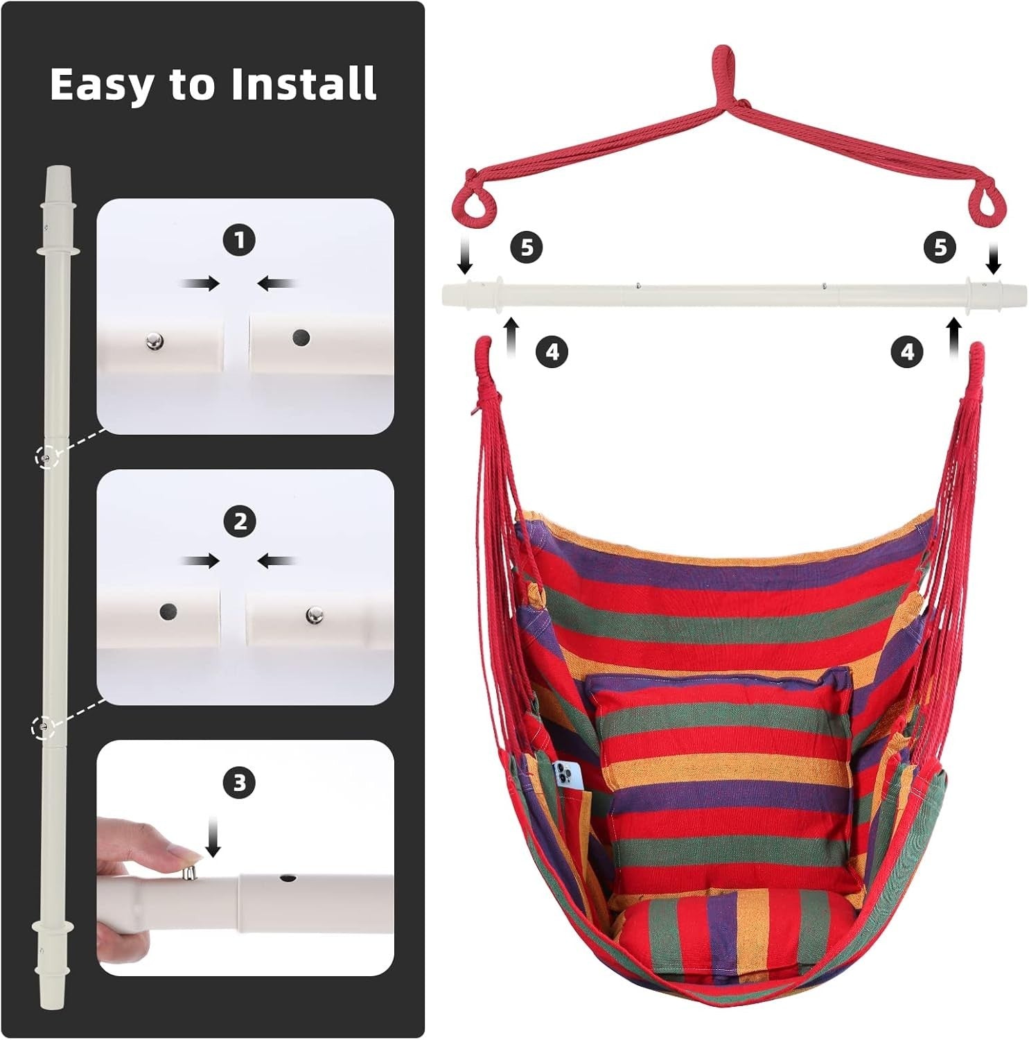 Hammock Swing Chair w/ Cushions & Support Bar, Portable Cotton Seat 150kg