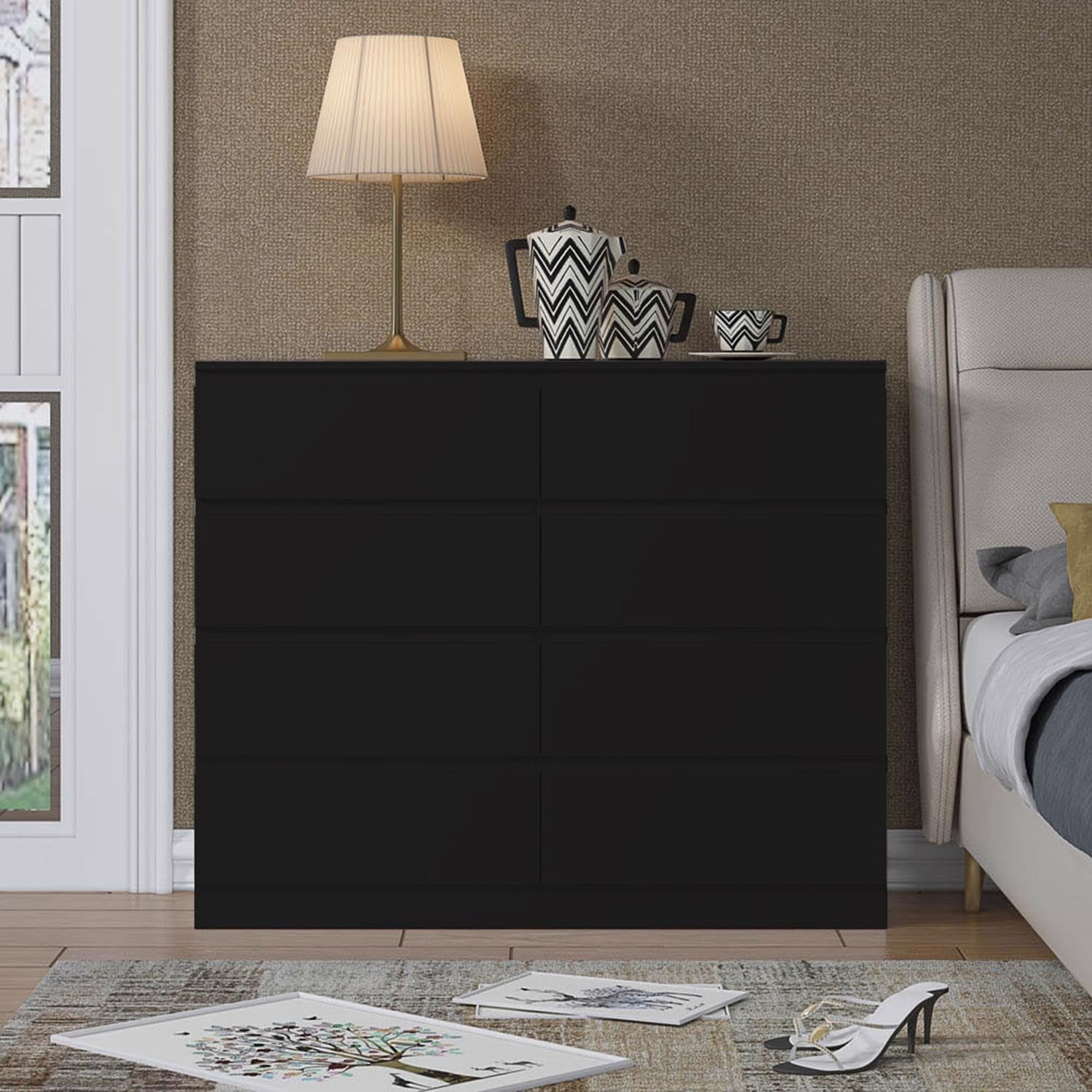 Matt Black Chest of 8 Drawers Modern Bedroom Storage Wide Tall Unit