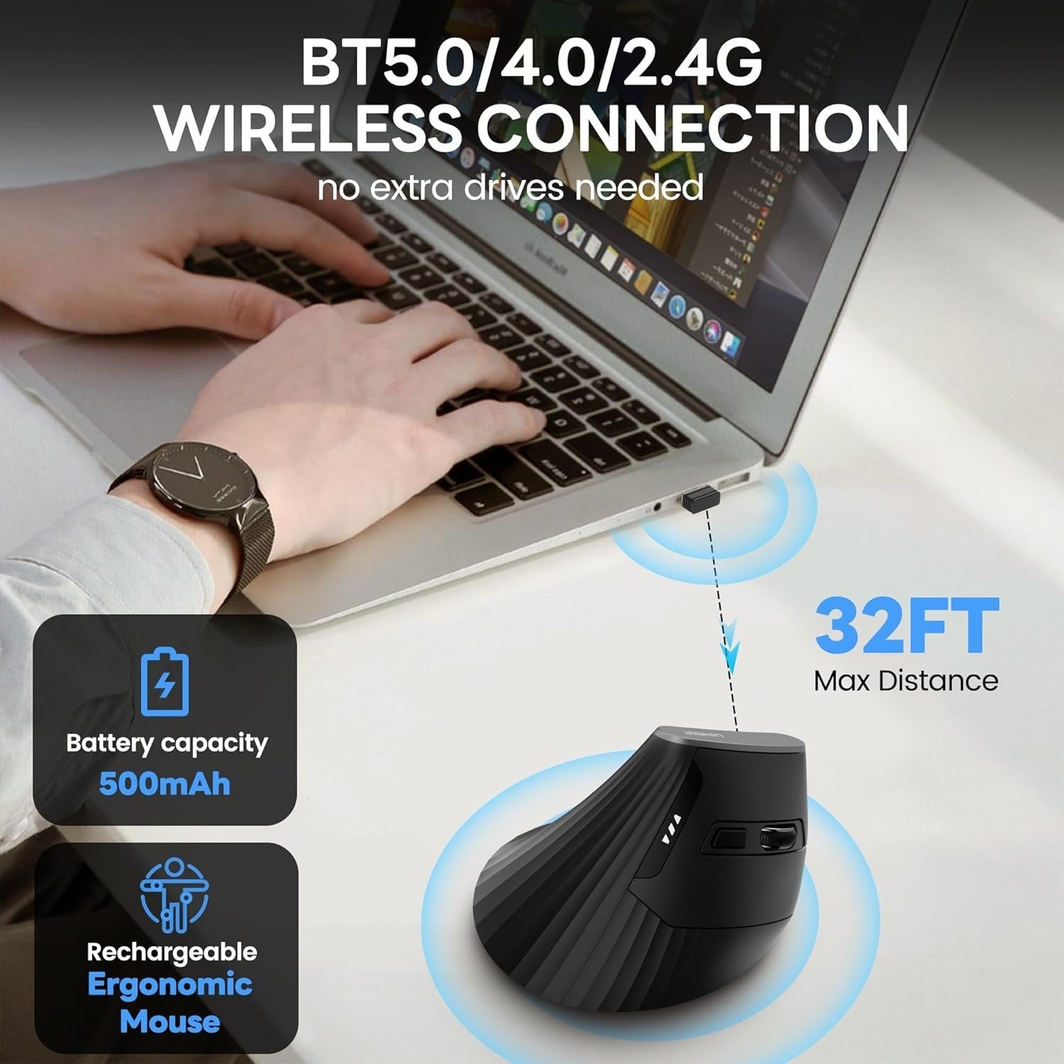 Ergonomic Vertical Wireless Mouse Rechargeable Bluetooth 5 Button