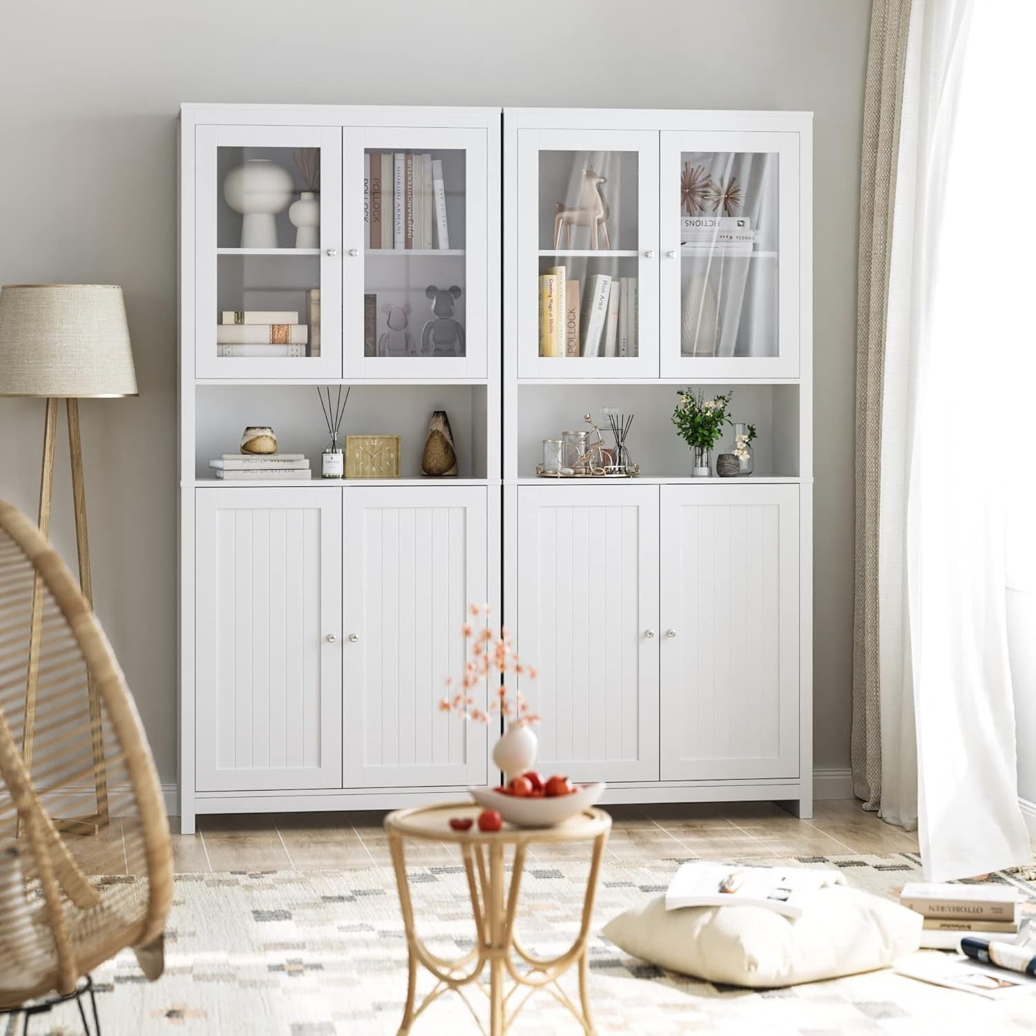 White Tall Kitchen Cupboard 190cm Pantry Cabinet Glass & Wood Doors