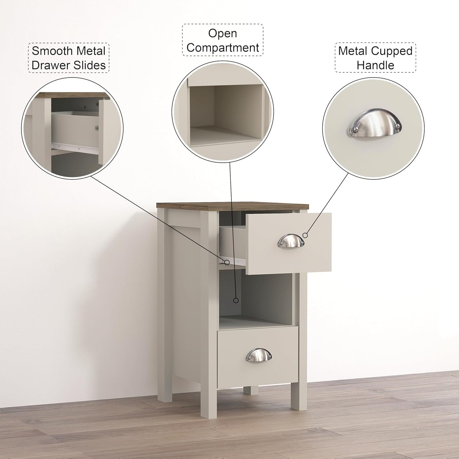 2x Light Grey Oak Bedside Tables with Drawers – Modern Compact Nightstands