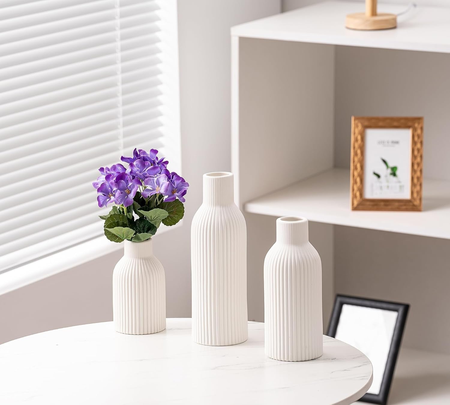 Ceramic Vase Set of 3 White Ribbed Flower Vases Modern Boho Decor