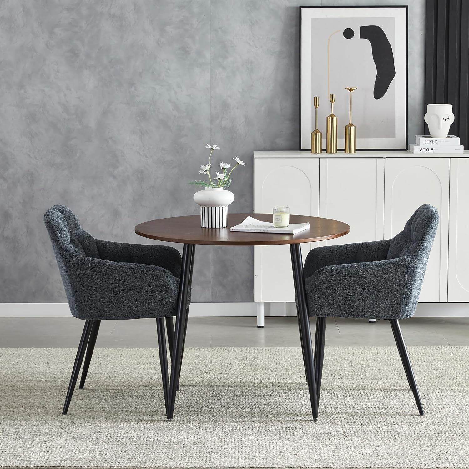 Modern Grey Round Dining Table Set w/ 2 Chairs – Walnut Effect Space-Saving Set