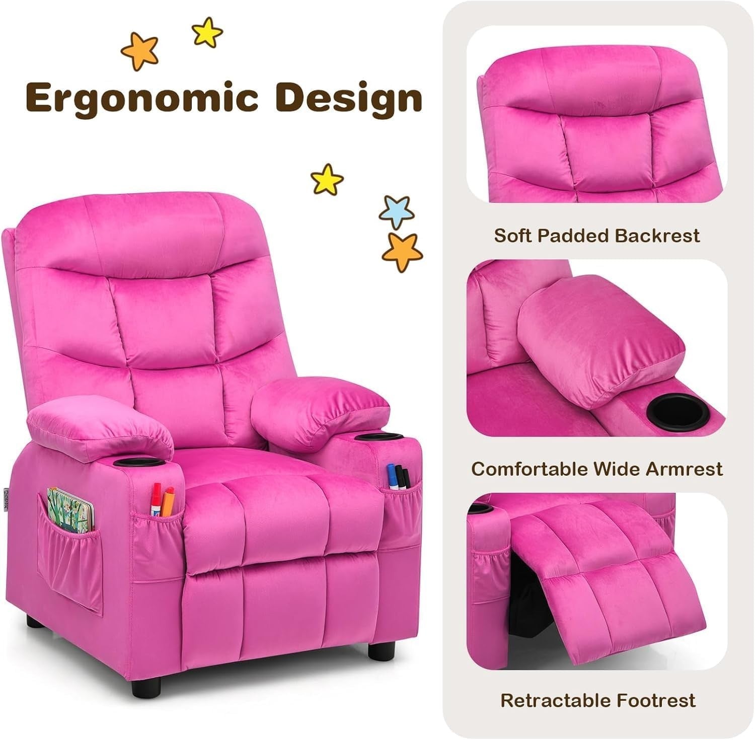 Pink  Adjustable Kids Recliner Chair with Footrest, Cup Holders & Side Pockets