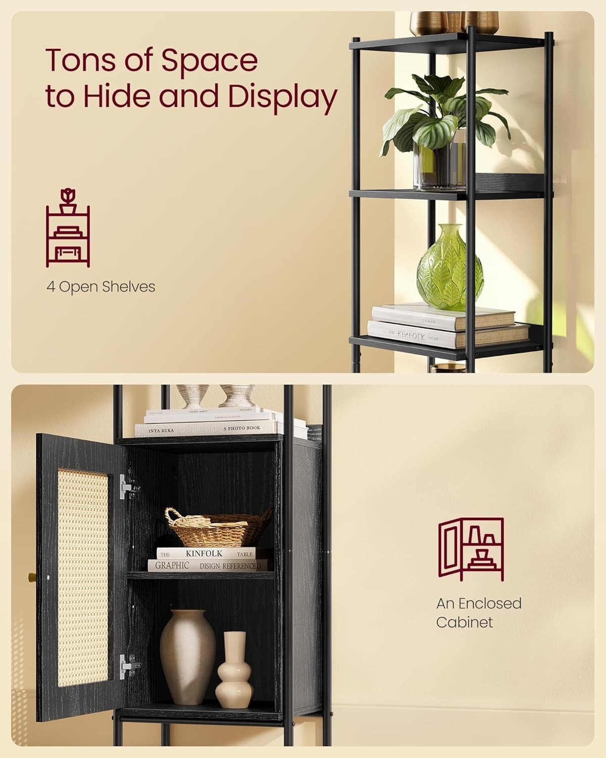 6-Tier Tall Bookcase with Cabinet – Modern Black Shelving Unit for Home & Office