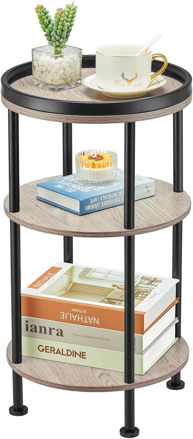 3 Tier Round Side Table with Storage Shelf Metal Frame Small Space Oak 30x55