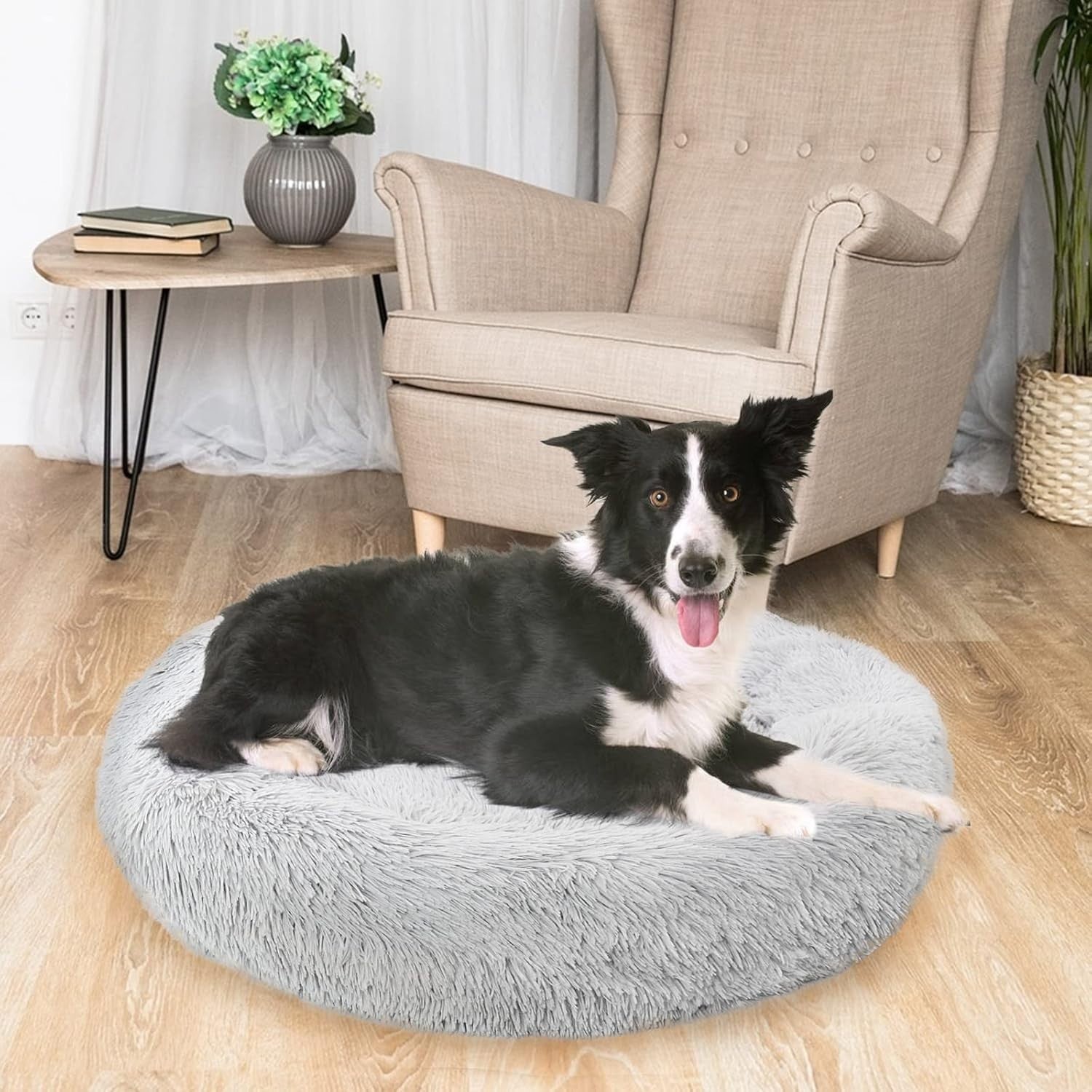 Calming Donut Dog Bed 80cm Round Plush Anti Anxiety Pet Cushion Grey