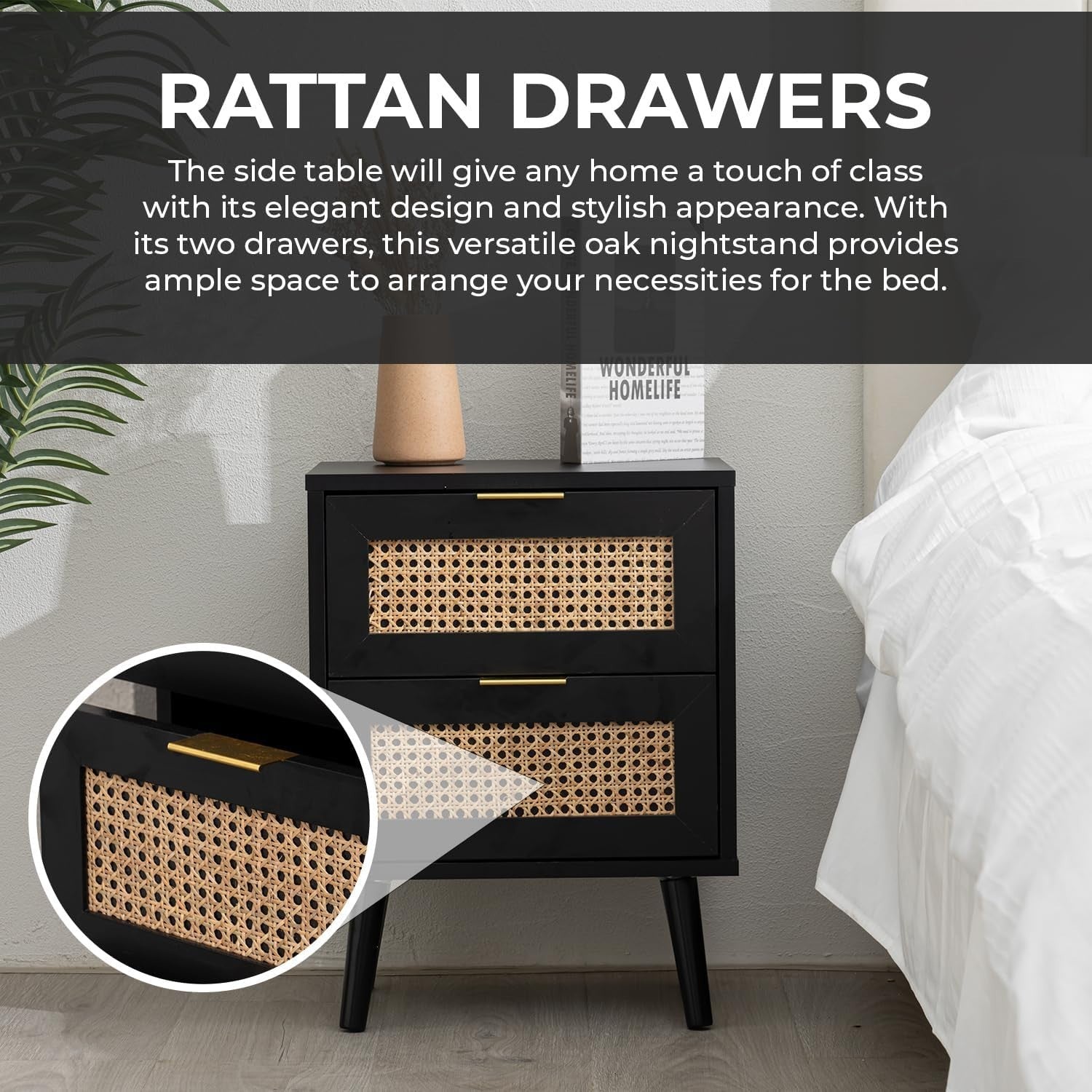Modern Black Rattan Bedside Table with 2 Drawers Wooden Nightstand