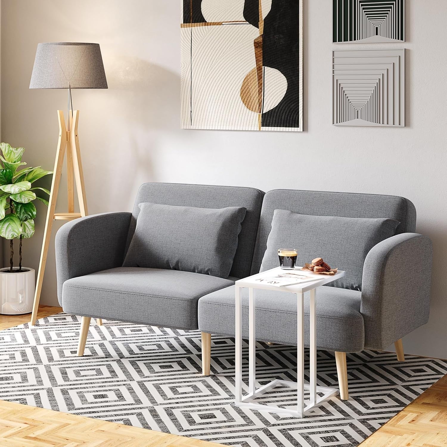 White Wood C Shape Sofa Side Table | Narrow Metal Frame Snack Coffee Table