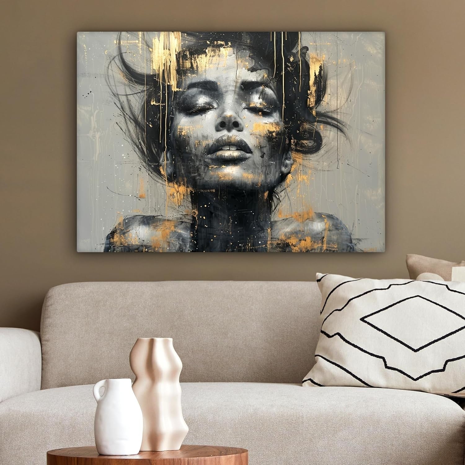 Abstract Woman Canvas Wall Art Gold Glamour Modern 70x50cm Living Room Decor