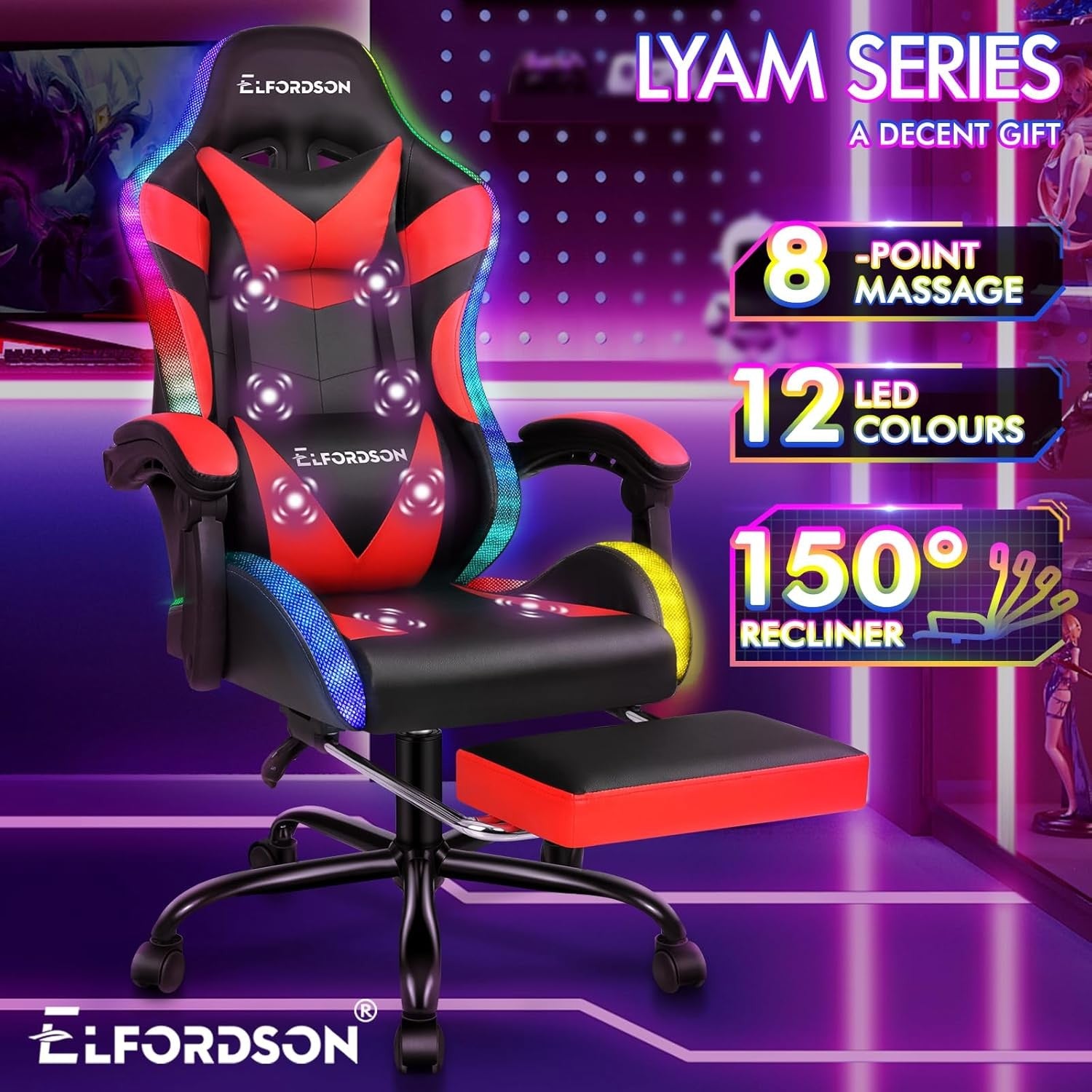 Red LED Gaming Chair RGB 8-Point Massage Recliner w/ Footrest