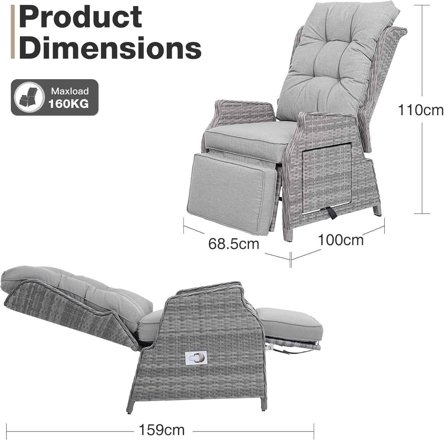 Rattan Recliner Sun Lounger Chair w/ Cushions & Flip Table – Light Grey