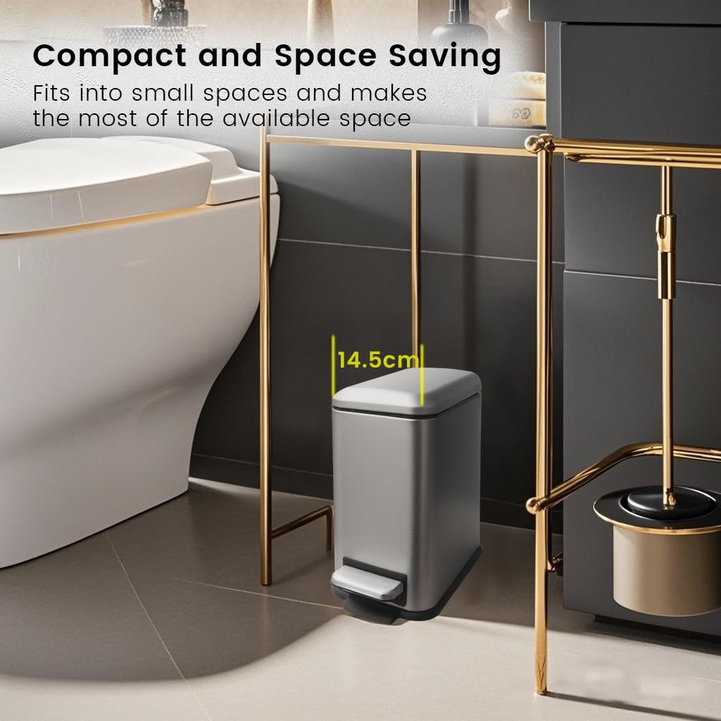 5L Bathroom Pedal Bin Soft Close Stainless Steel Grey