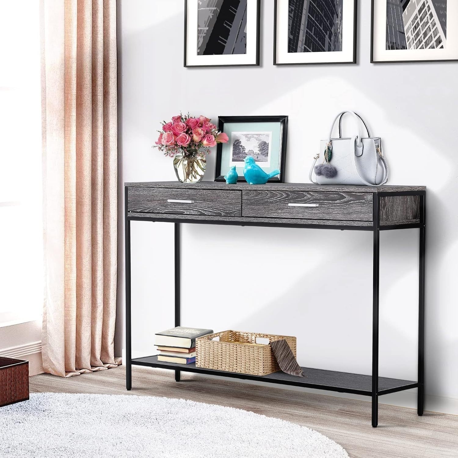 Minimalist Grey Console Table with 2 Drawers & Bottom Shelf – Durable Storage