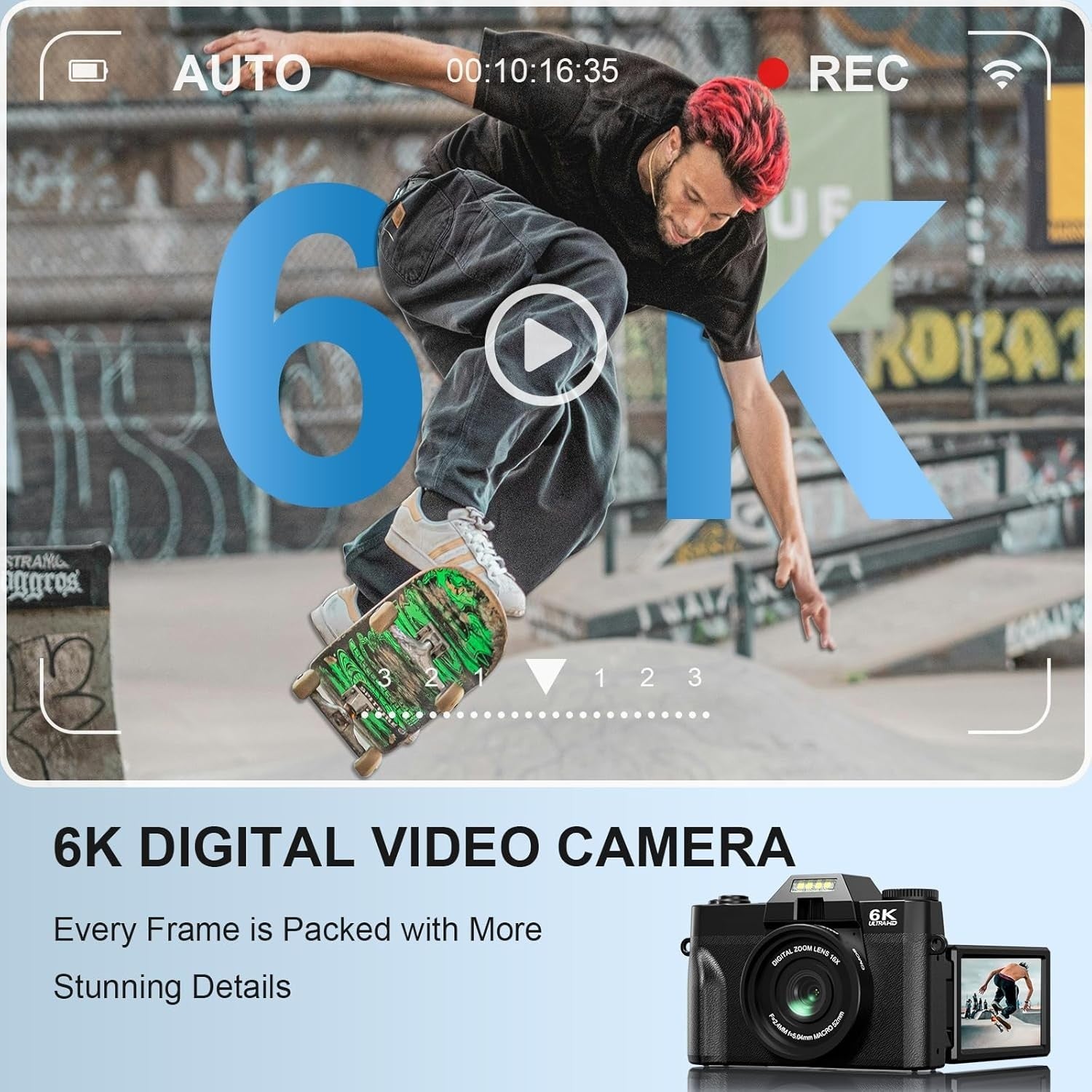 6K 64MP Vlogging Camera WiFi Wide Angle Lens w/ 64GB Card Mic