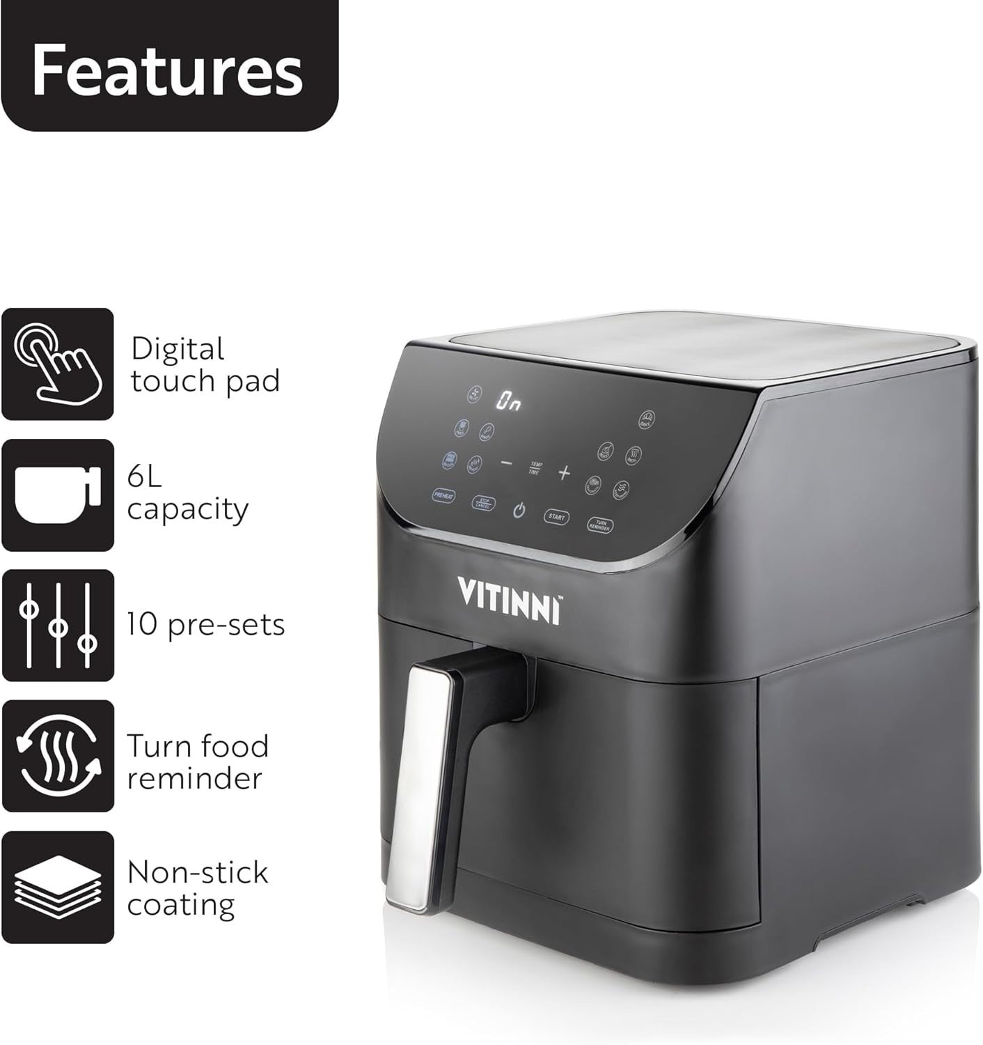 6L Digital Air Fryer Oven | Large Square Basket | 10 Pre-Sets | 200°C | Family