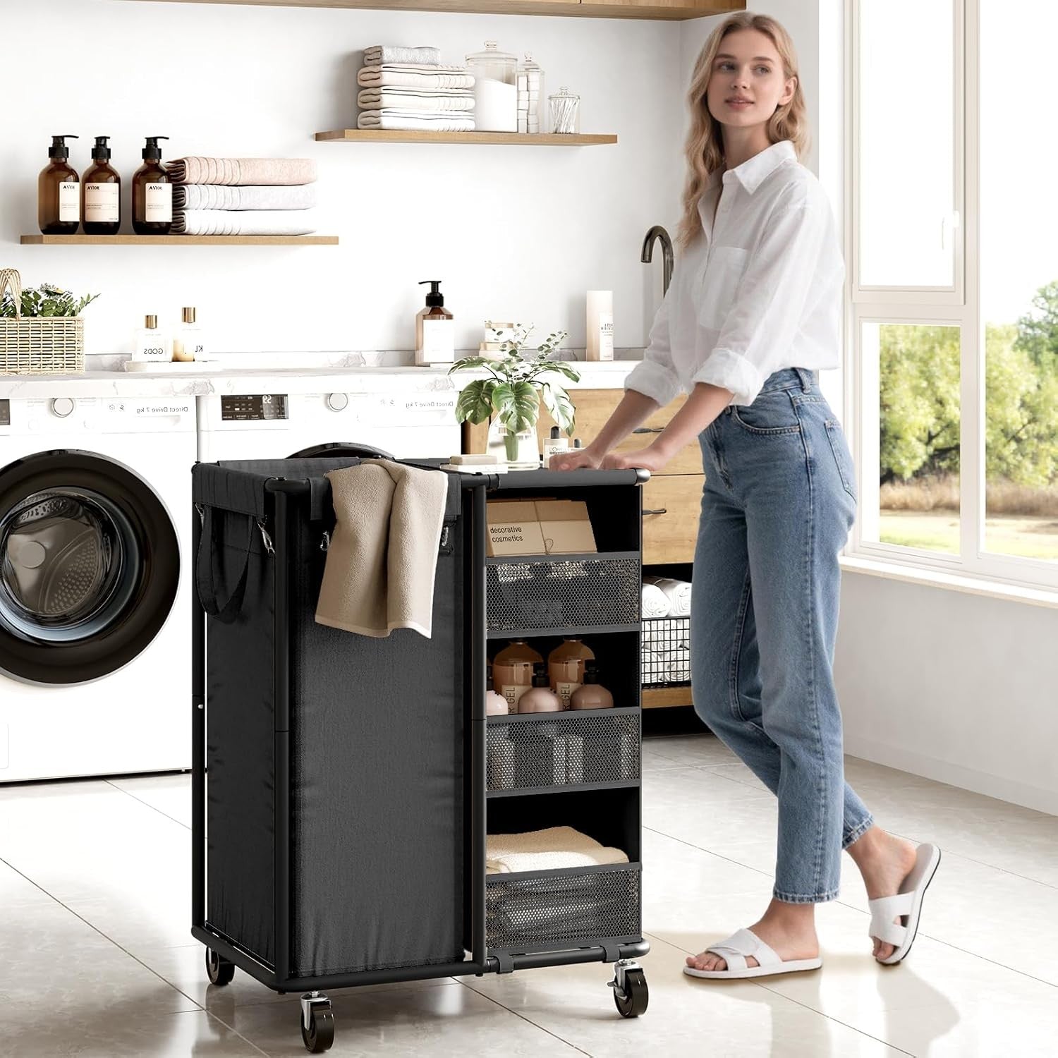 100L Rolling Laundry Sorter with Wheels Hanging Bag & Storage Shelves Black