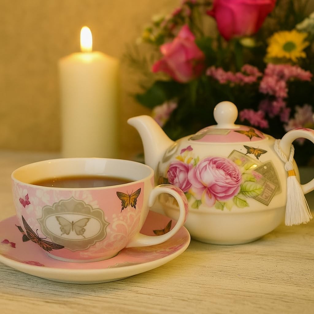 Tea for One Teapot Cup Saucer Set Vintage Rose Floral Gift Box Pink
