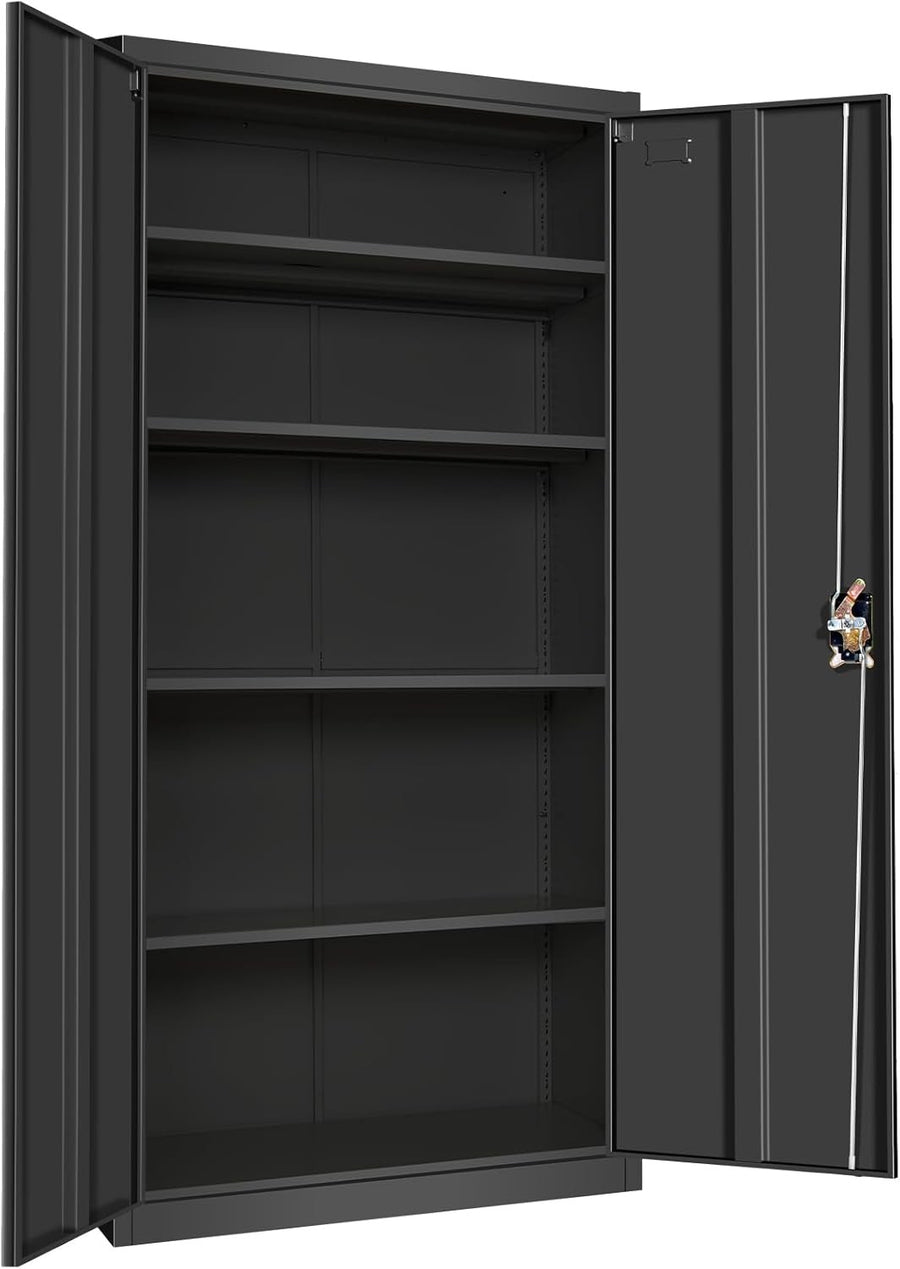 Tall Metal Storage Cabinet Black 2 Door 4 Shelf Lockable Steel Cupboard 185cm